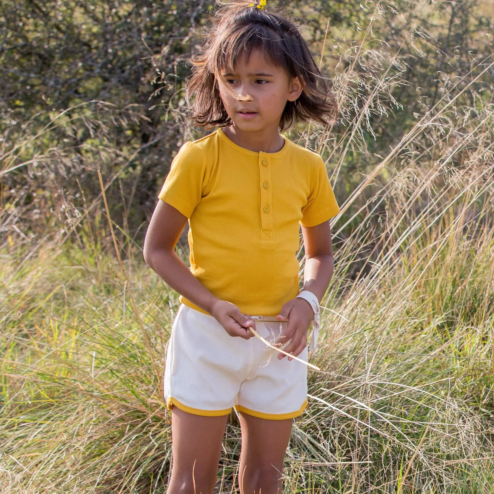 Pale Gold Ribbed Short Sleeve Henley Top