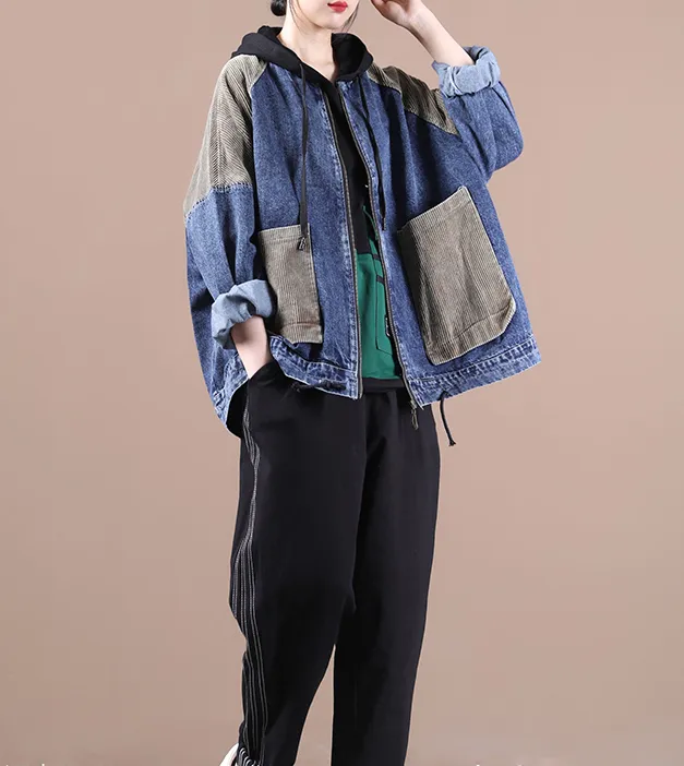 Patchwork Denim A-line Short Women Casual Parka Plus Size Fall Coat Jacket JT200945