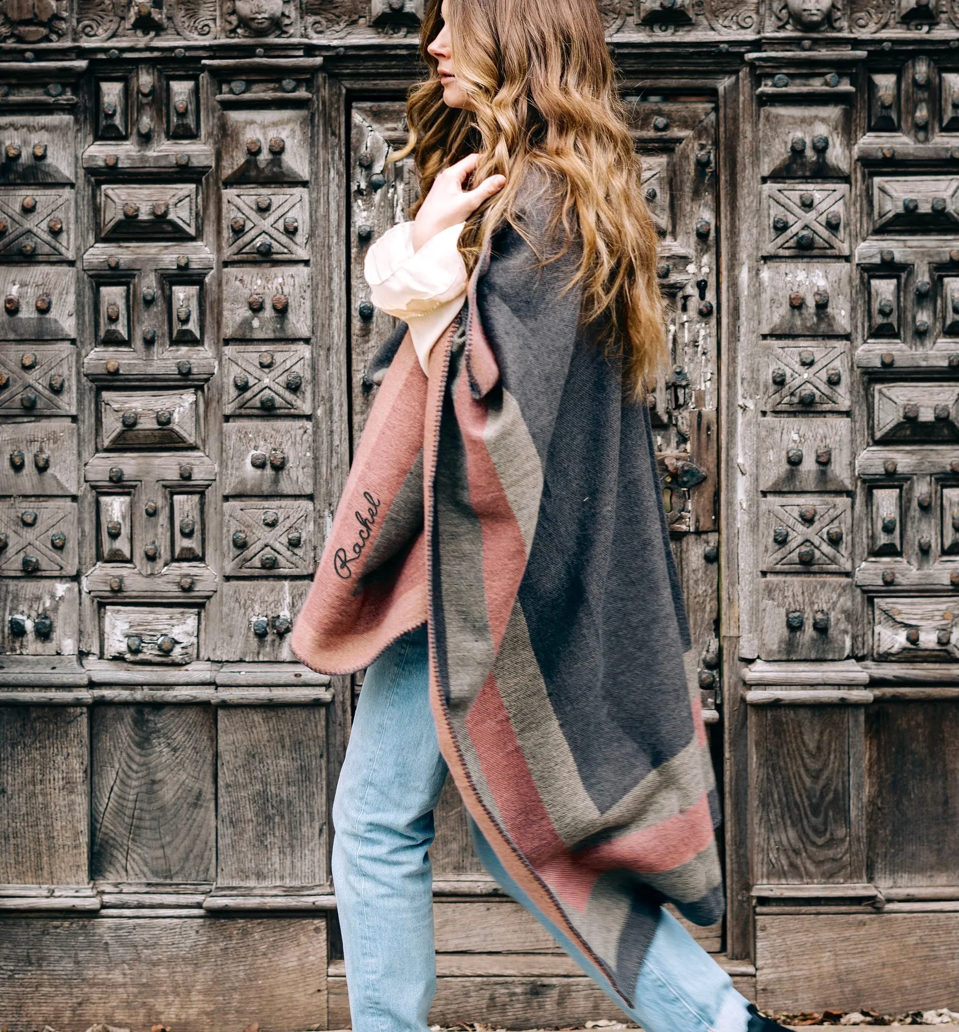 Personalised Grey with Dusky Pink Striped Border Poncho - 2 Week delivery