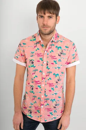 Pink Hawaii Aloha Print Cotton Slim Fit Mens Shirt Short Sleeve