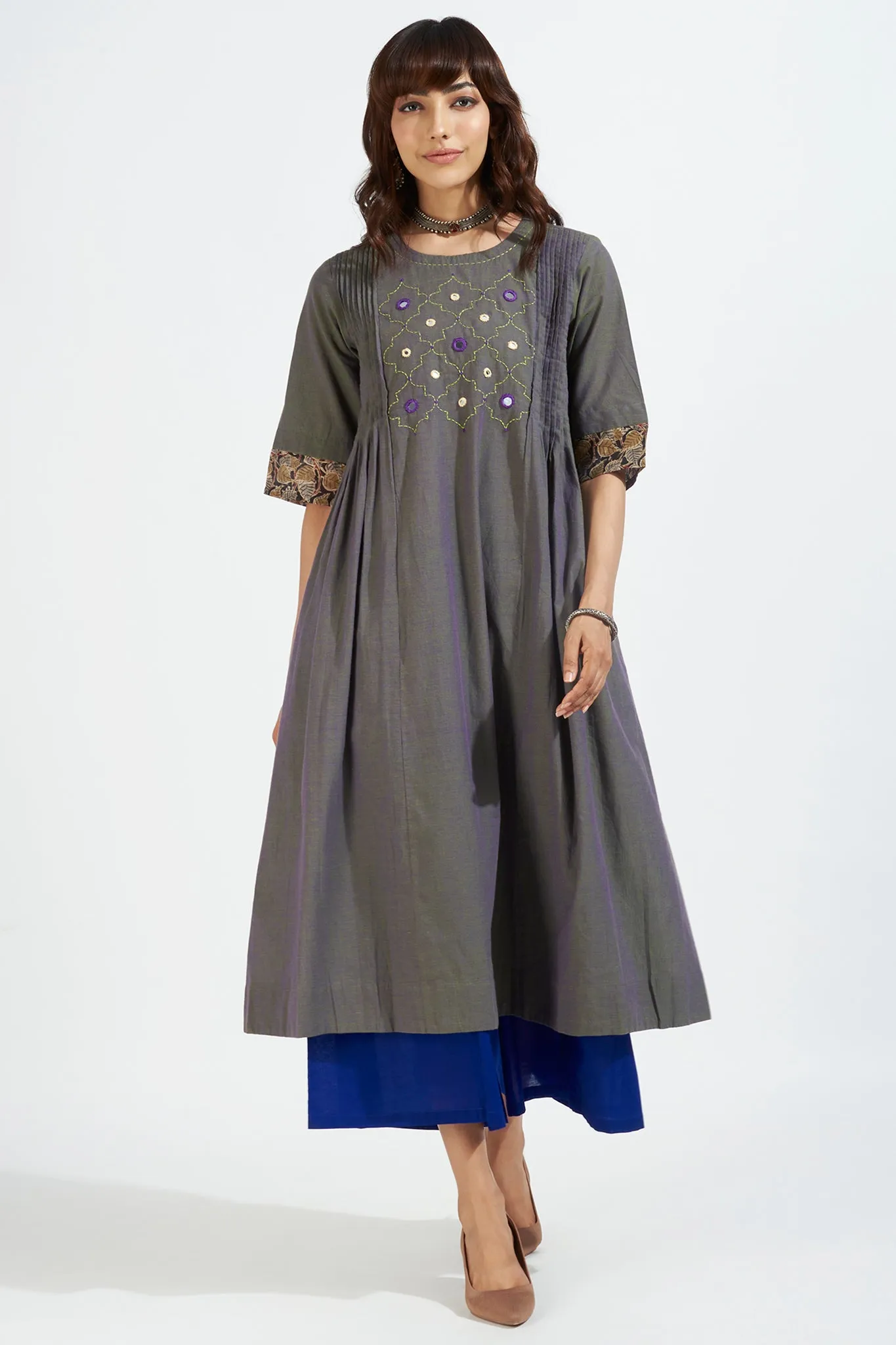 pintuck a-line kurta - luminous green & violet mirage