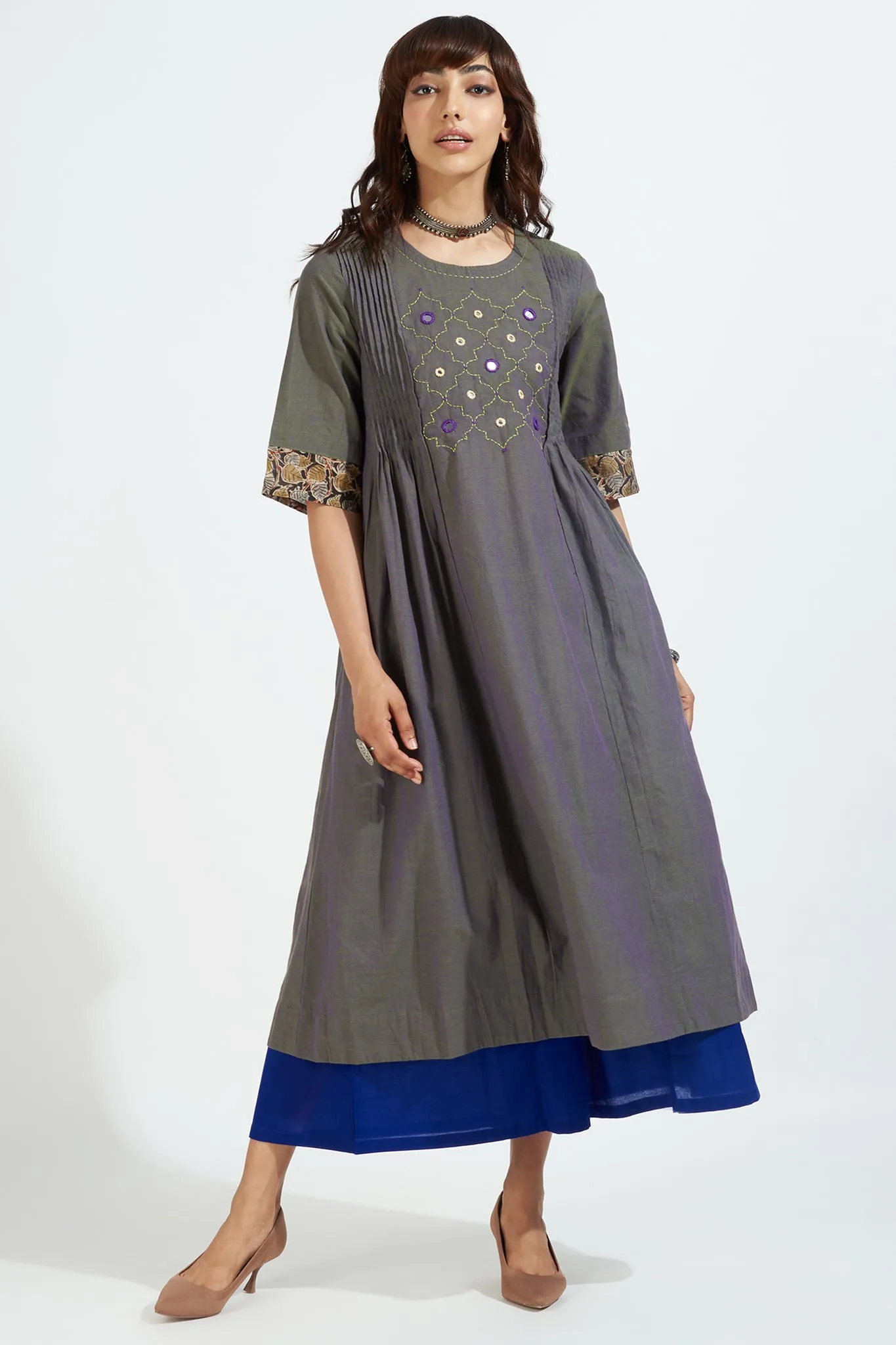 pintuck a-line kurta - luminous green & violet mirage