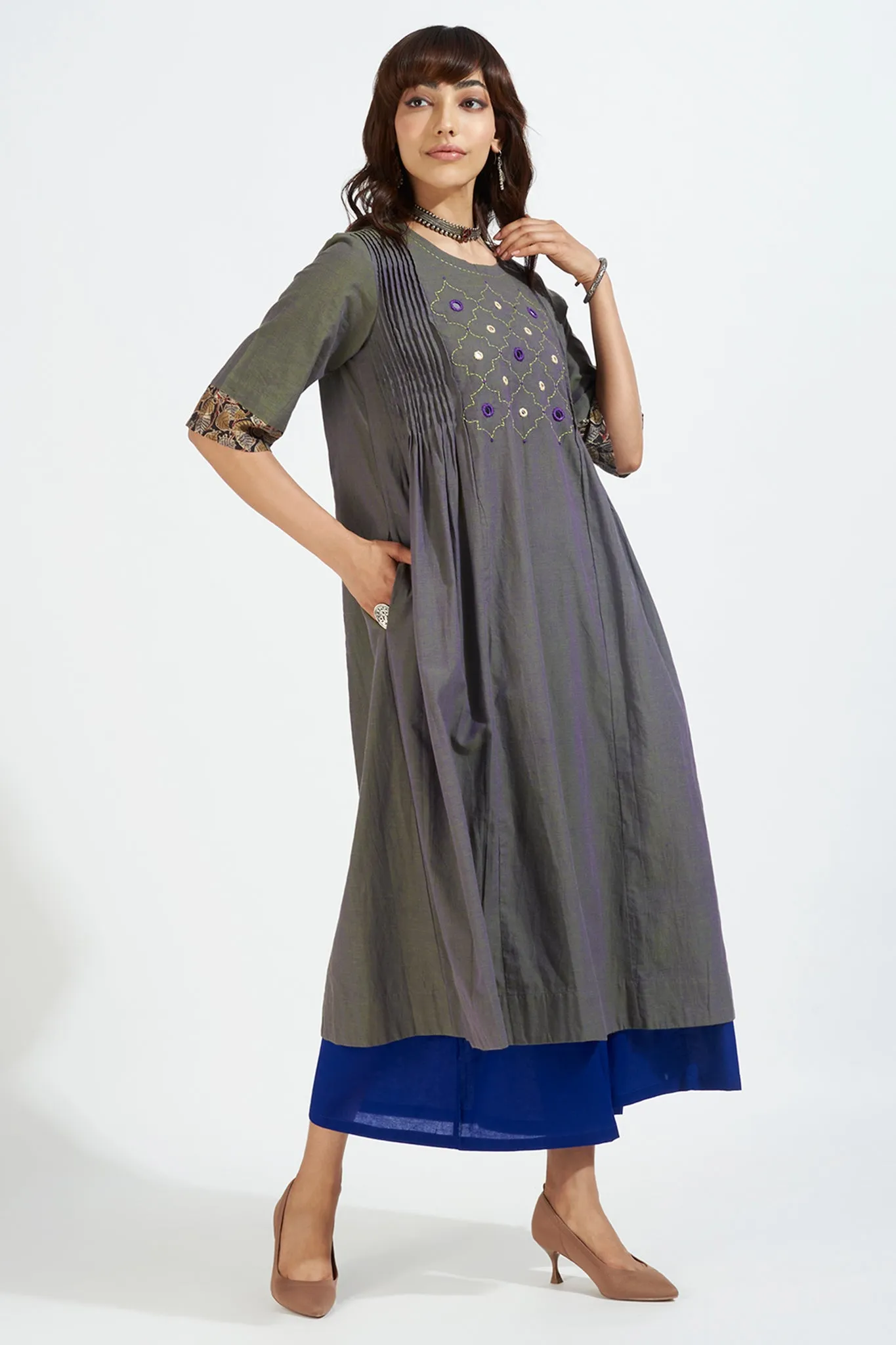 pintuck a-line kurta - luminous green & violet mirage