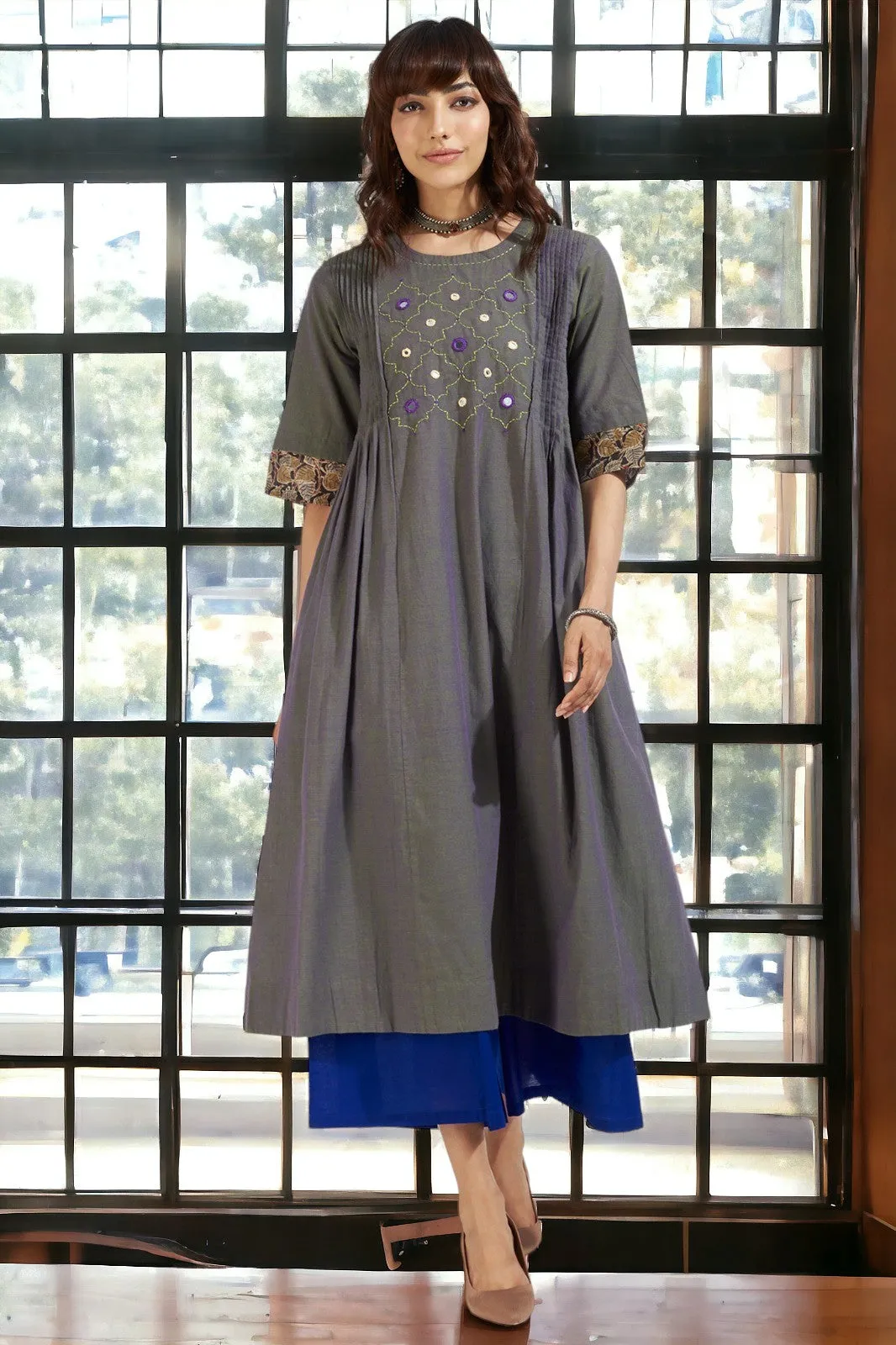 pintuck a-line kurta - luminous green & violet mirage