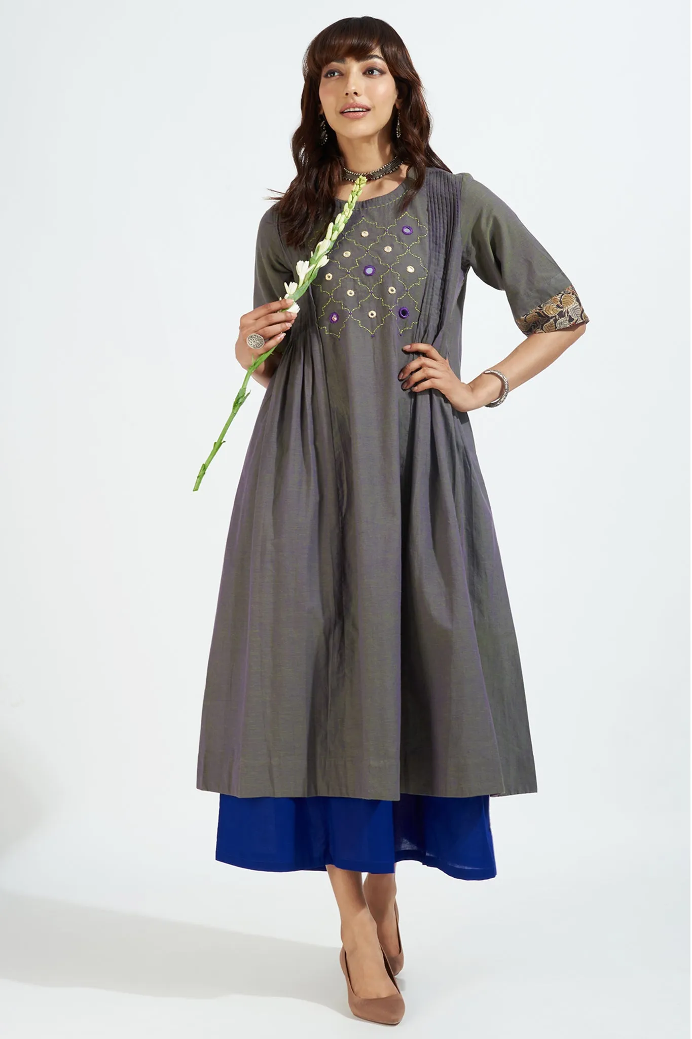 pintuck a-line kurta - luminous green & violet mirage