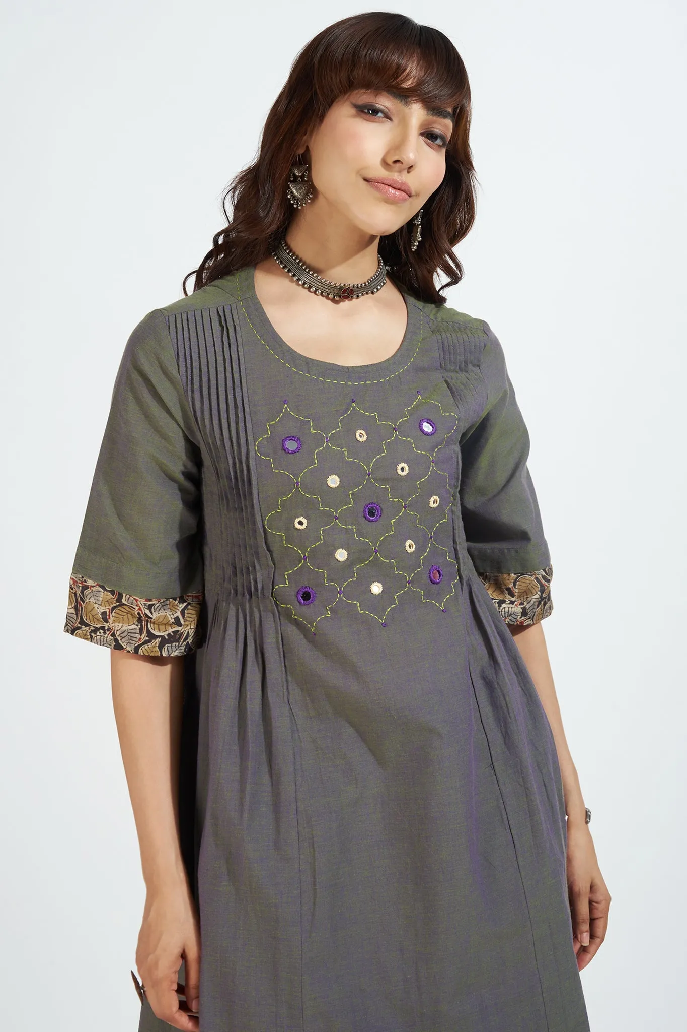 pintuck a-line kurta - luminous green & violet mirage