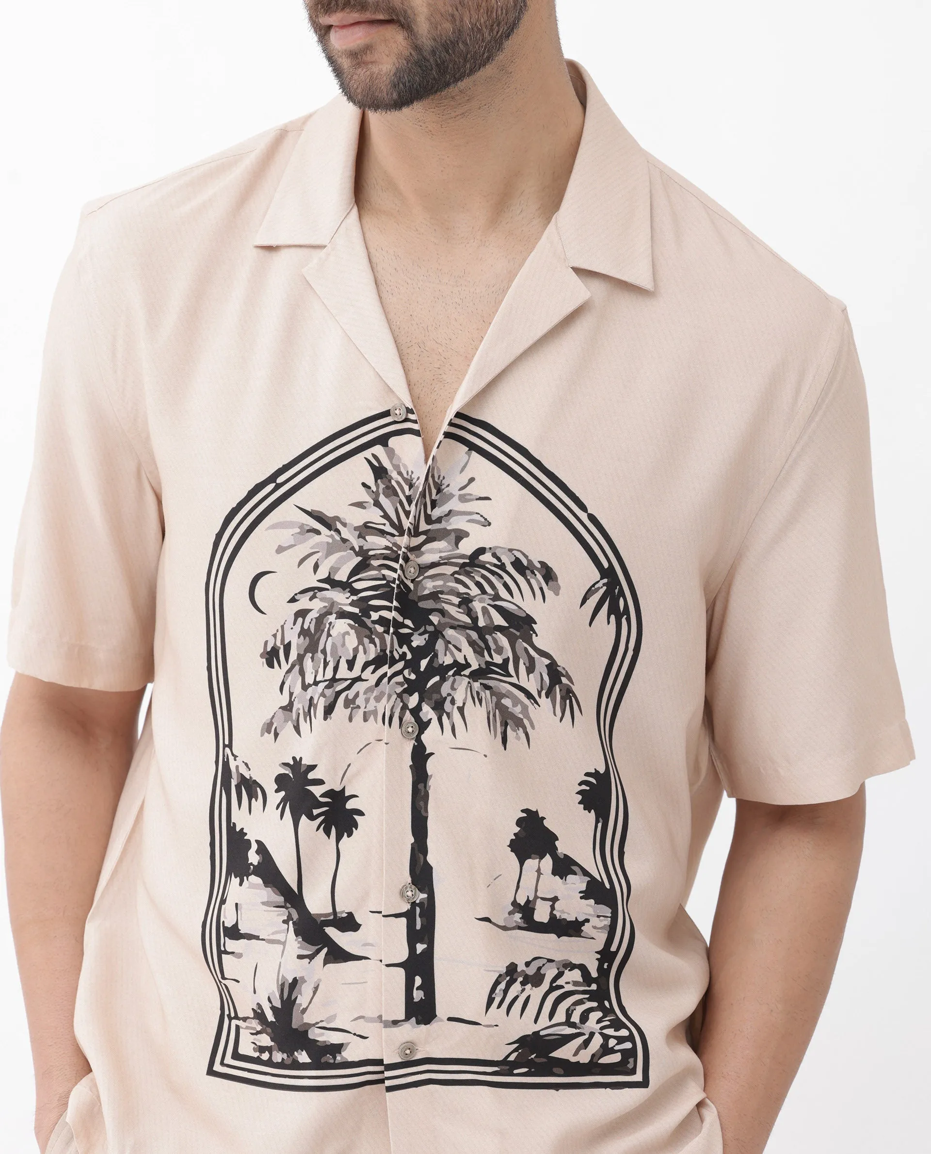 Rare Rabbit Men's Zedd Light Peach Viscose Fabric Short Sleeve Tropical Print Cuban Collar Boxy Fit Shirt