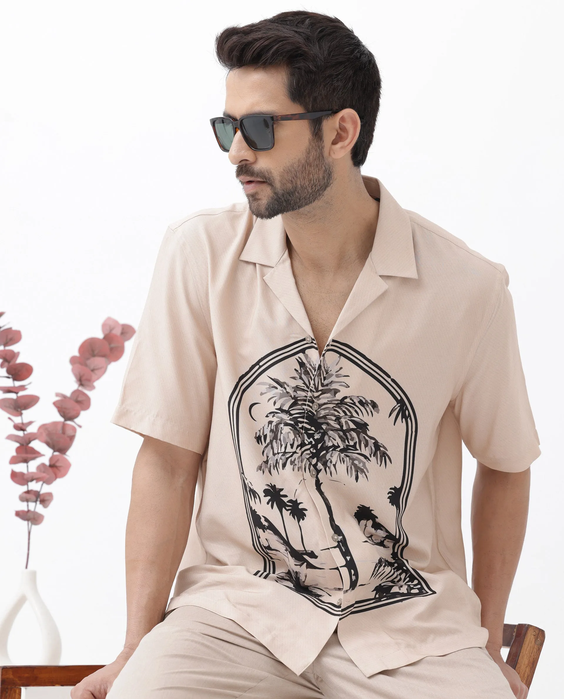 Rare Rabbit Men's Zedd Light Peach Viscose Fabric Short Sleeve Tropical Print Cuban Collar Boxy Fit Shirt