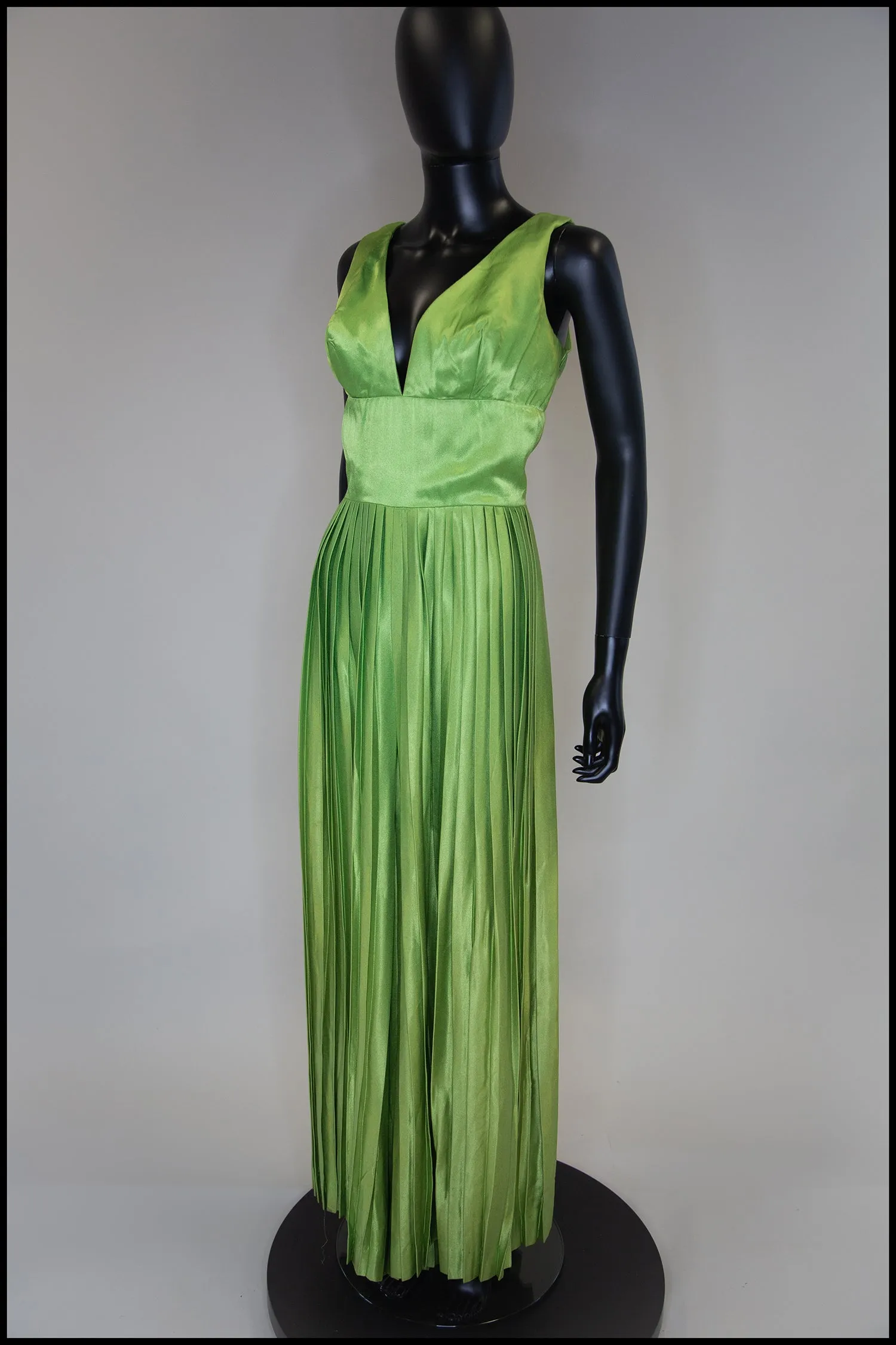 RESERVED Vintage 1960s Lime Green Satin Pleated Jumpsuit Gown