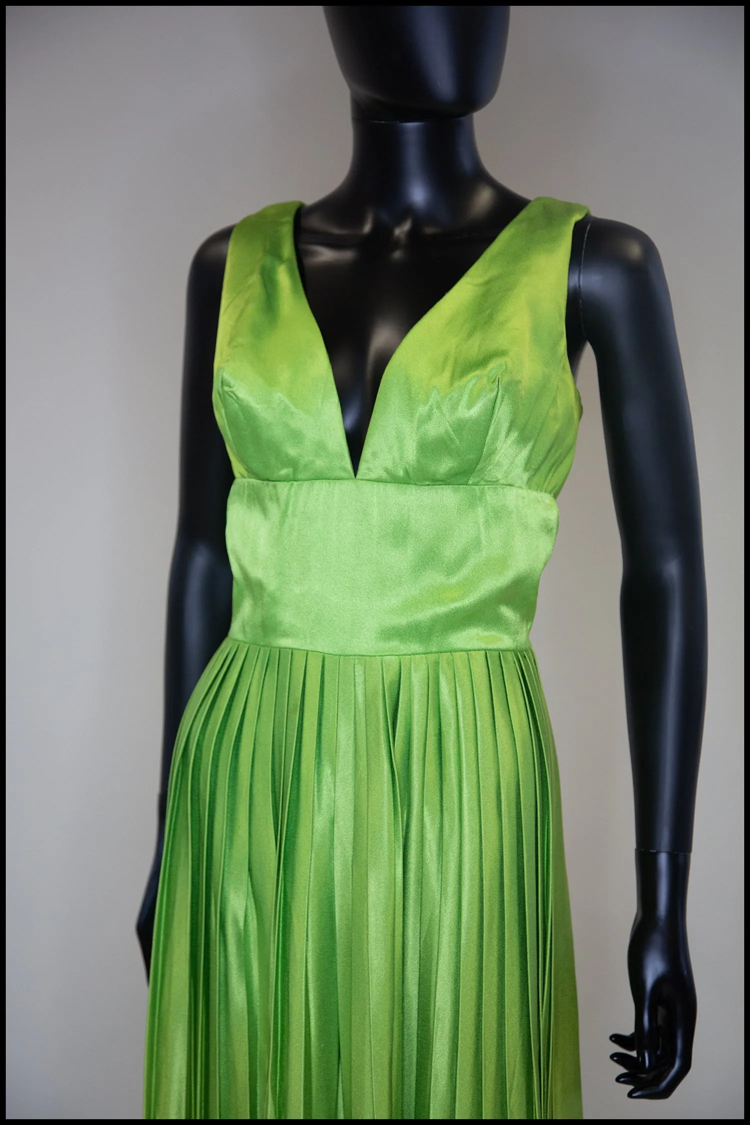 RESERVED Vintage 1960s Lime Green Satin Pleated Jumpsuit Gown