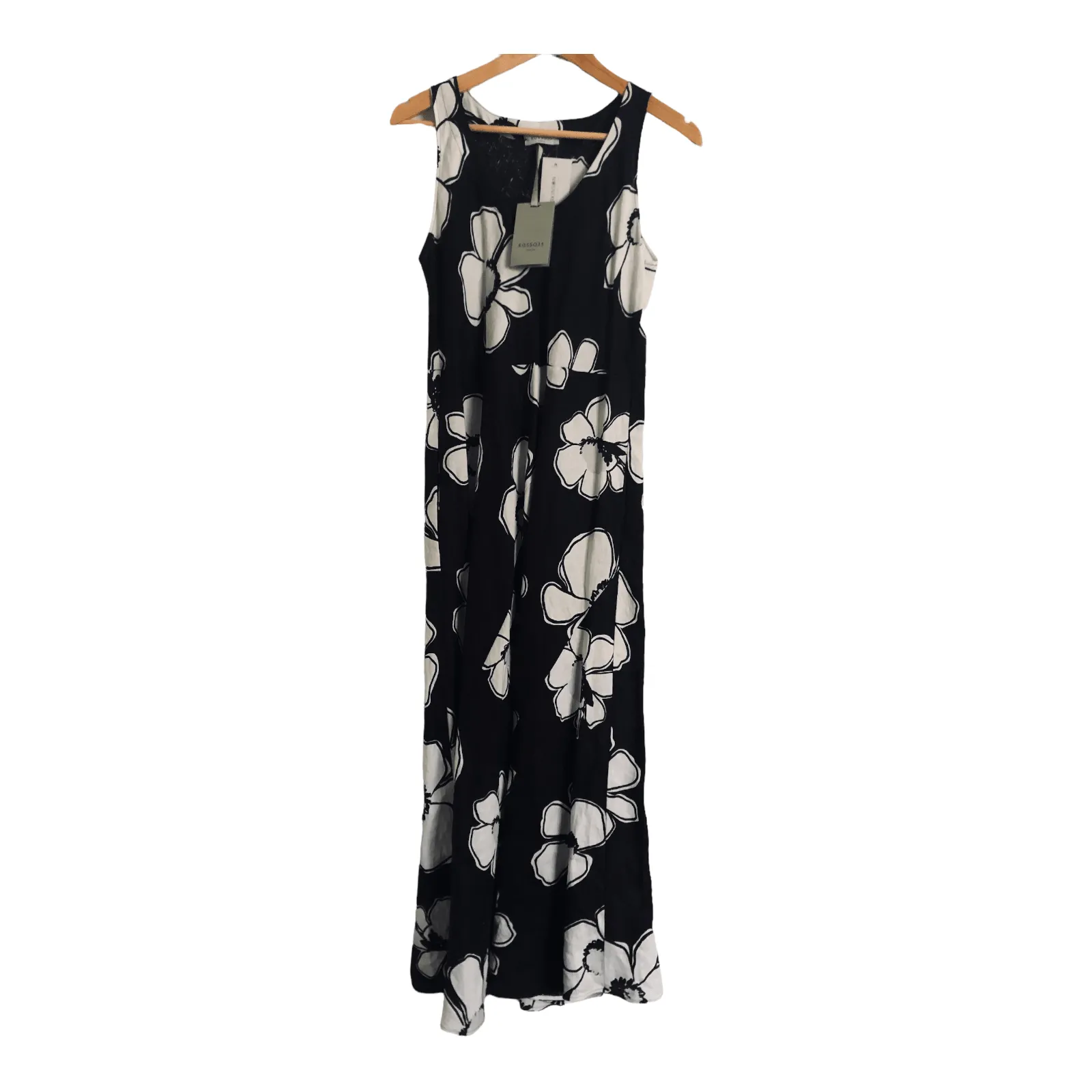 Rosso 100% Linen Sleeveless Maxi Dress Black White Floral Print BNWT UK Size 10