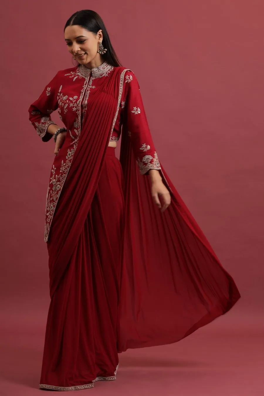 Ruby Pink Embroidered Asymmetrical Jacket with Draped Saree Skirt