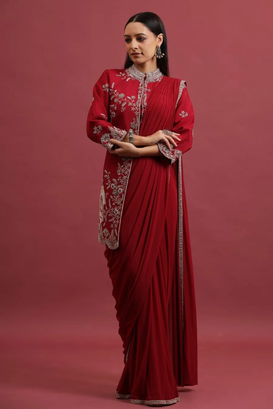 Ruby Pink Embroidered Asymmetrical Jacket with Draped Saree Skirt