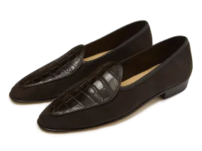 Sagan Classic Precious Leather Loafers in Dark Brown Suede and Crocodile