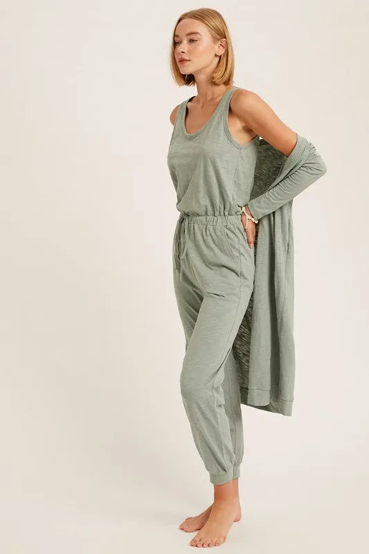 Sage Textured Jumpsuit And Long Cardigan Knit Sets