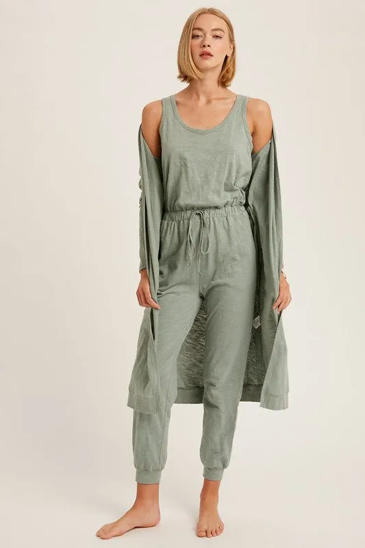 Sage Textured Jumpsuit And Long Cardigan Knit Sets