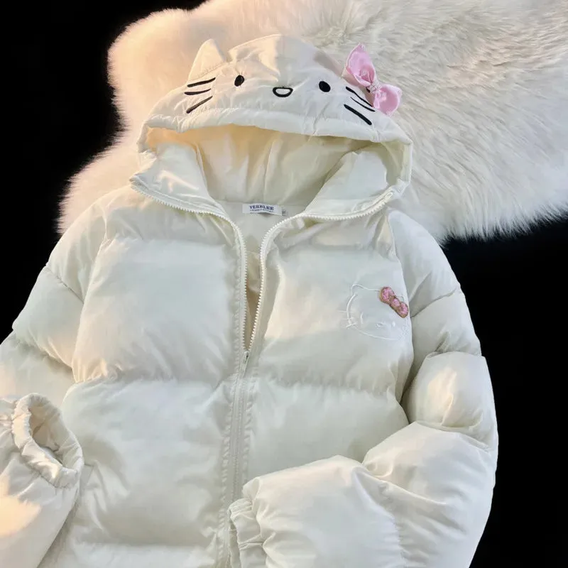 Sanrio Hello Kitty Zipper down Jacket Cute Cartoon Print Coat Kawaii Solid Cotton Jacket for Student Casual Loose Coat for Women