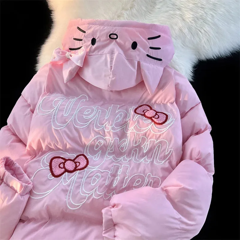 Sanrio Hello Kitty Zipper down Jacket Cute Cartoon Print Coat Kawaii Solid Cotton Jacket for Student Casual Loose Coat for Women