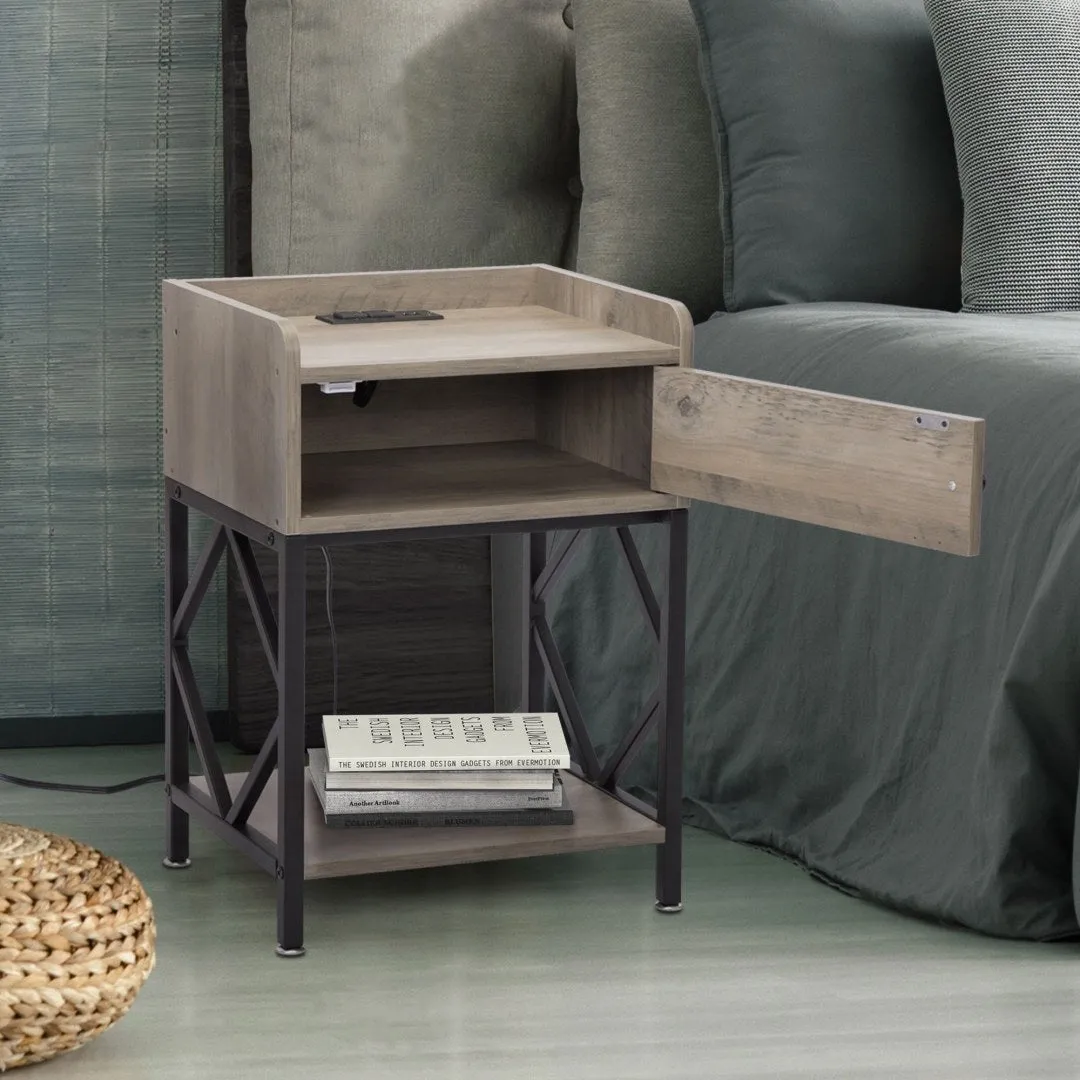 Set of 2 Wood Nightstand, Farmhouse End Table with Charging Station, USB Ports, Cabinet, and Shelf, Sofa Bed Side Table for Bedroom Living Room, Adjustable Foot Pads, Rustic Gray