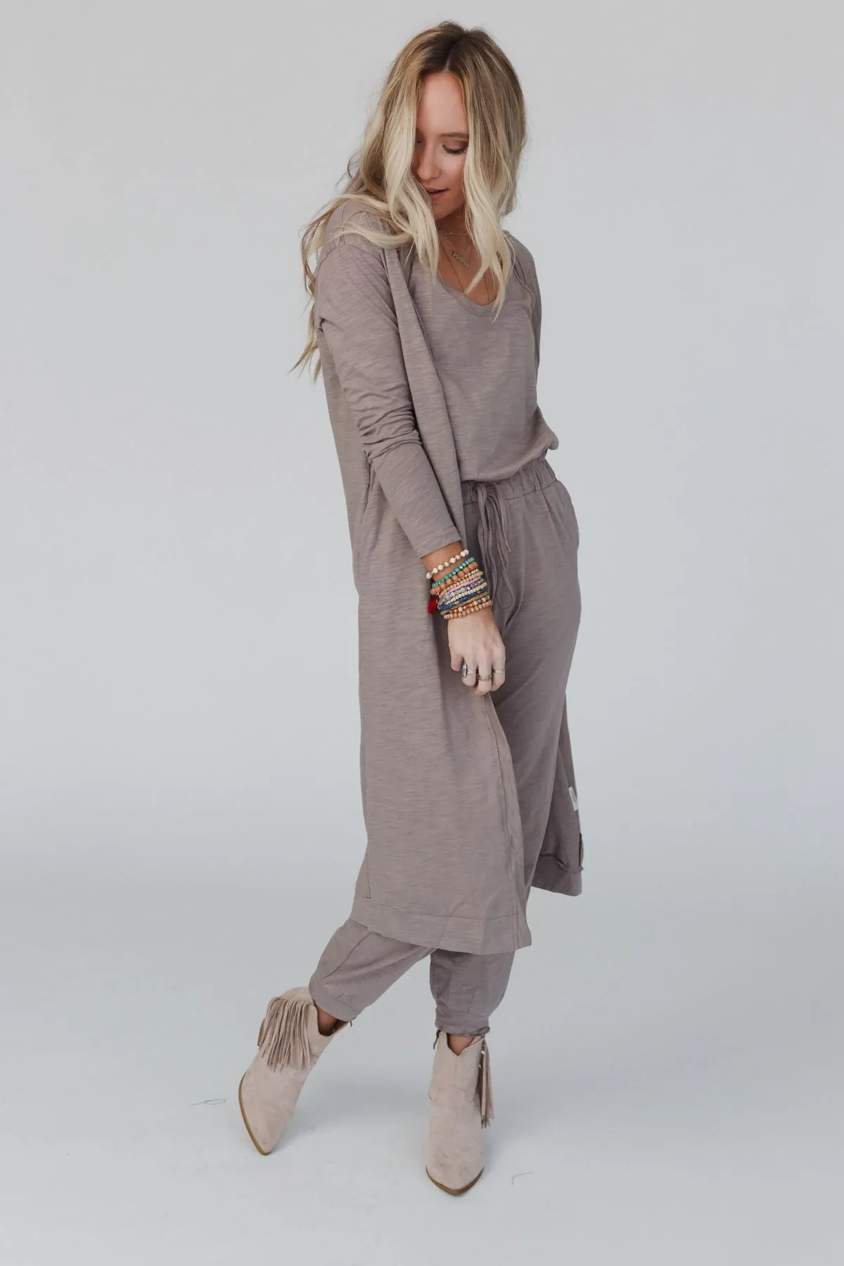 Set to Go Textured Jumpsuit And Cardigan Set - Mocha