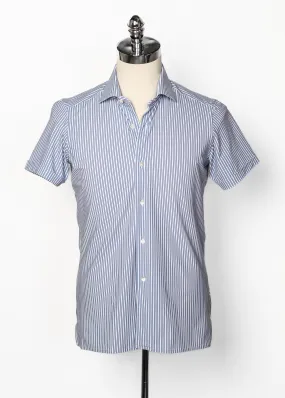 Short Sleeve Shirt in White and Light Blue Double Stripe