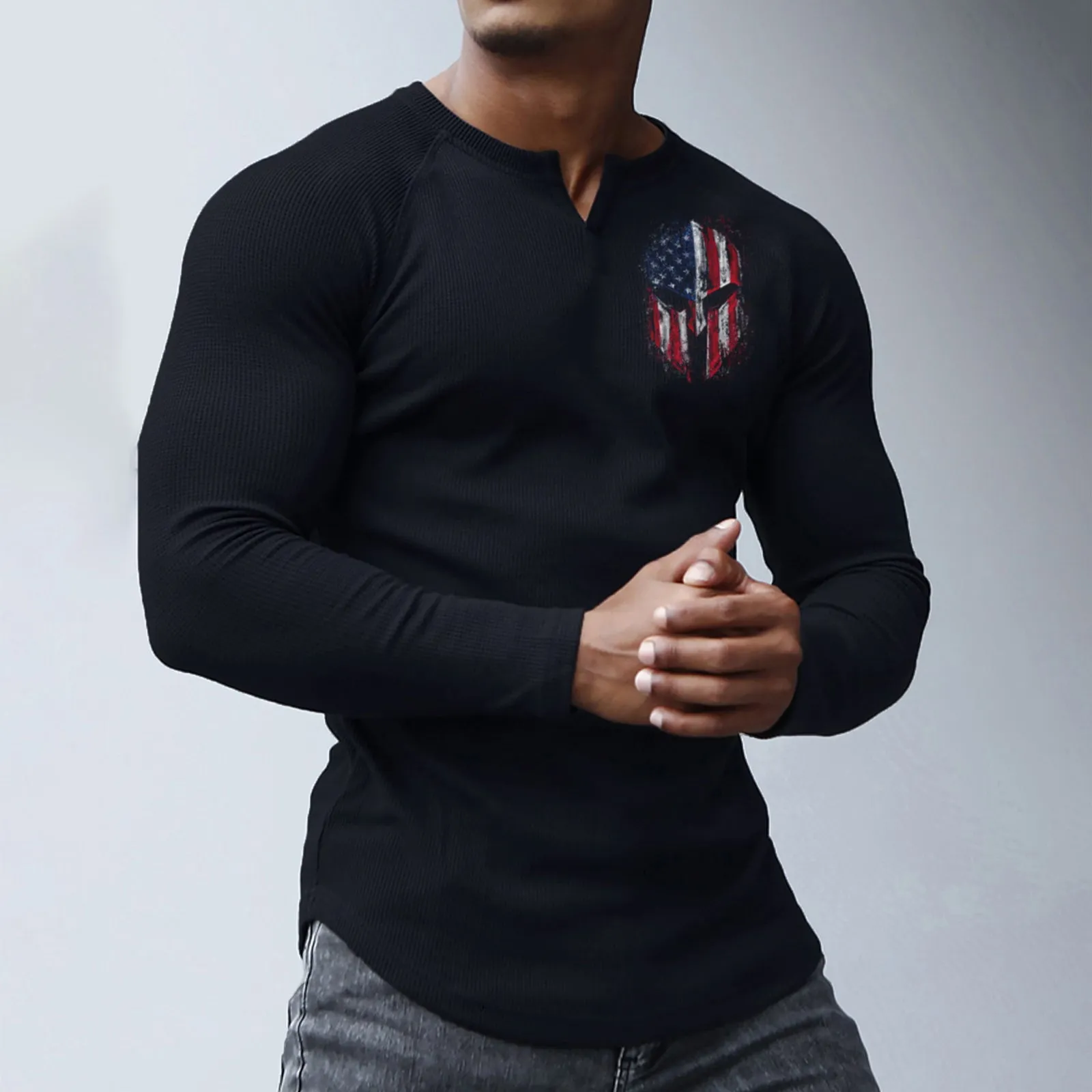 SPARTA WAFFLE GRAPHIC HENLEY NECK LONG SLEEVE T-SHIRT