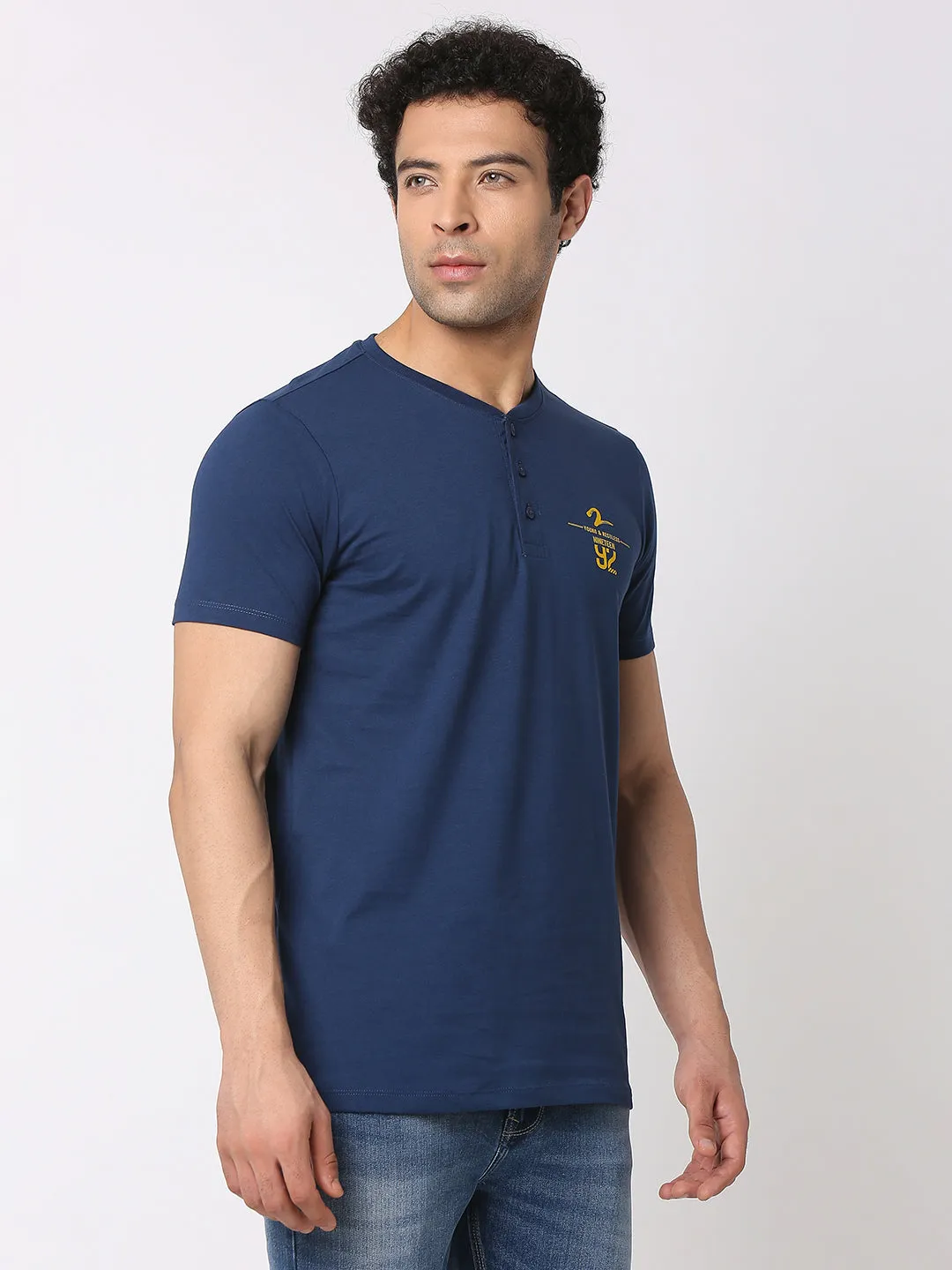 Spykar Men Indigo Blue Cotton Slim Fit Henley Neck Plain T-Shirt