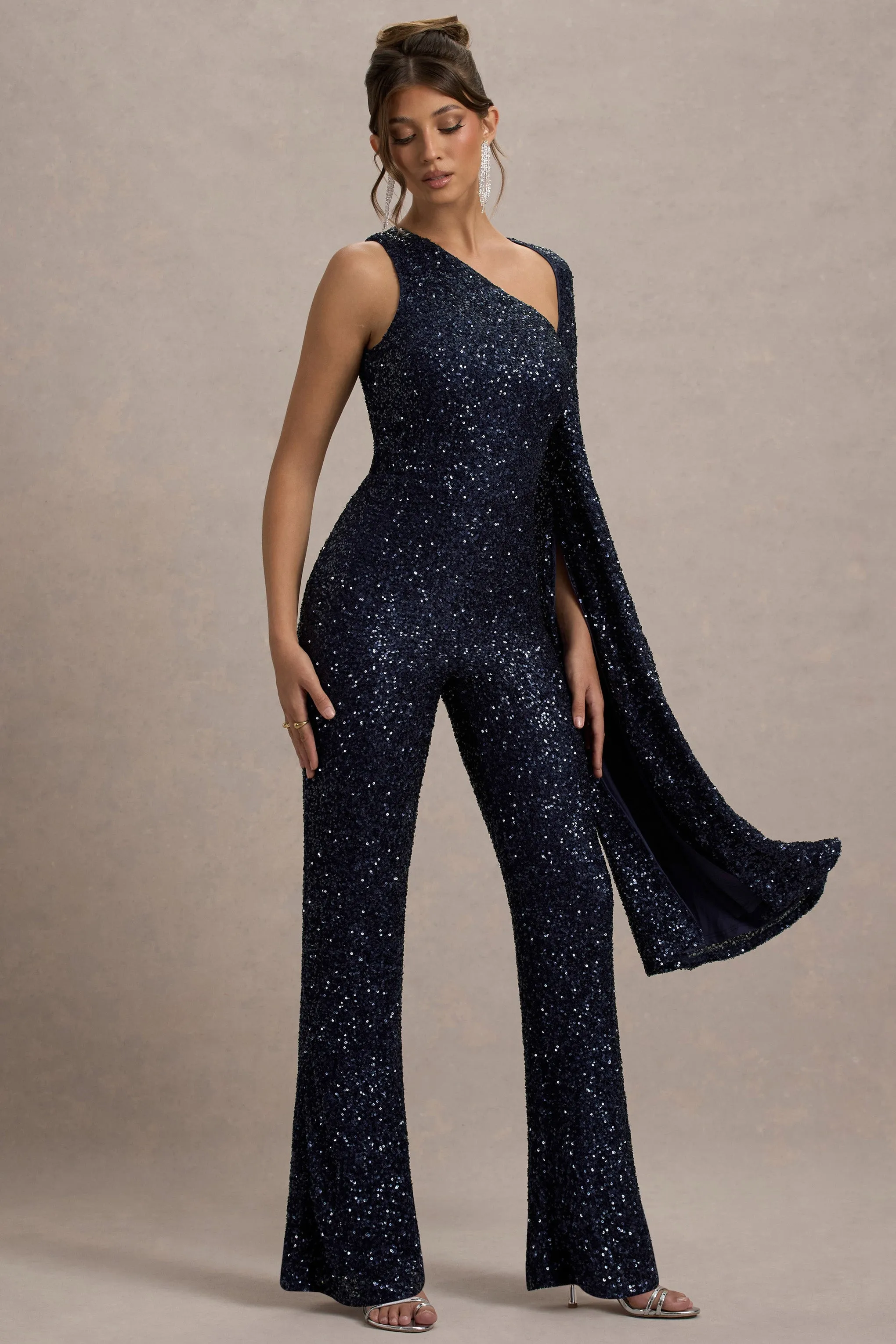 Star Seeker | Navy Sequin One-Shoulder Cape Sleeve Jumpsuit