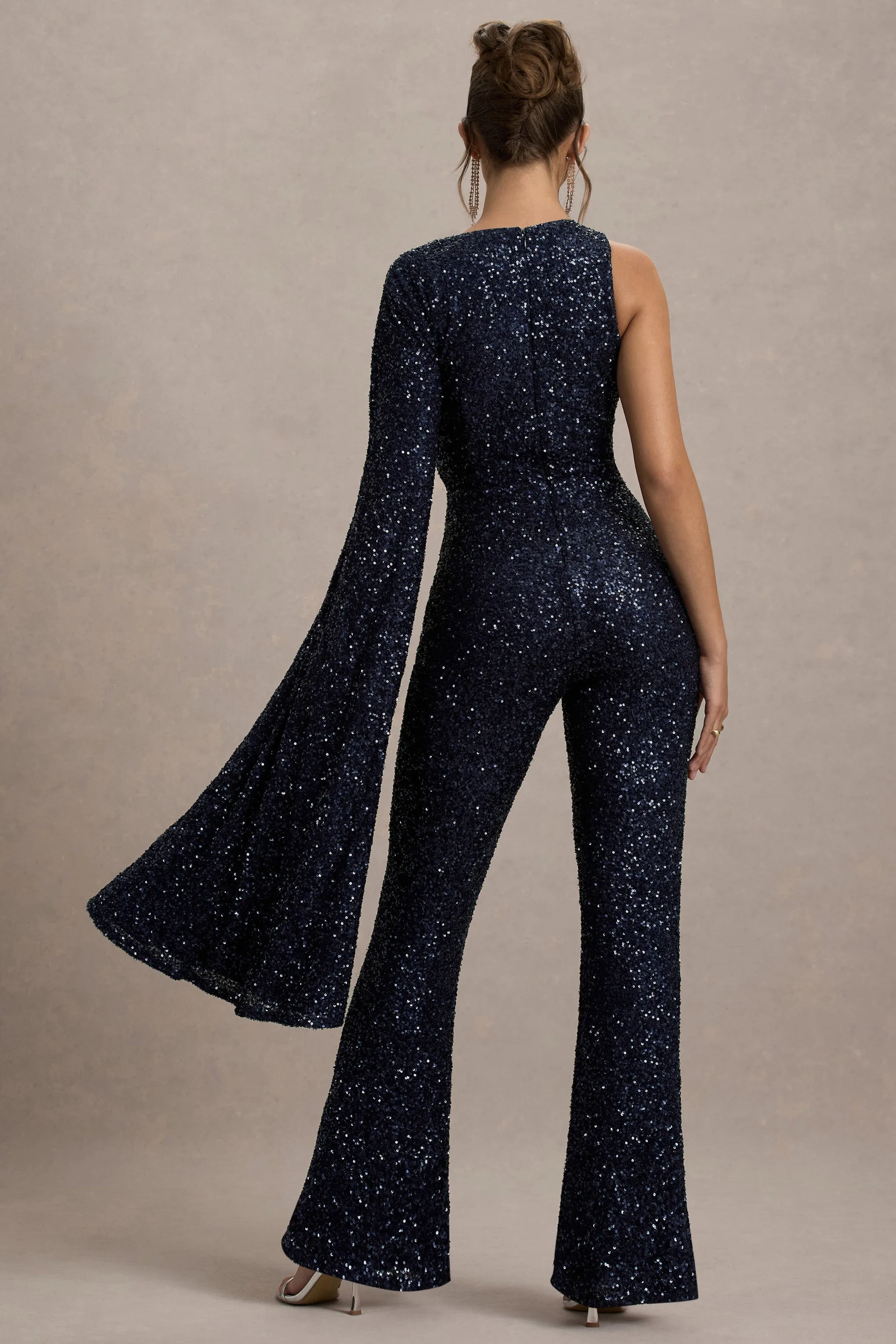 Star Seeker | Navy Sequin One-Shoulder Cape Sleeve Jumpsuit