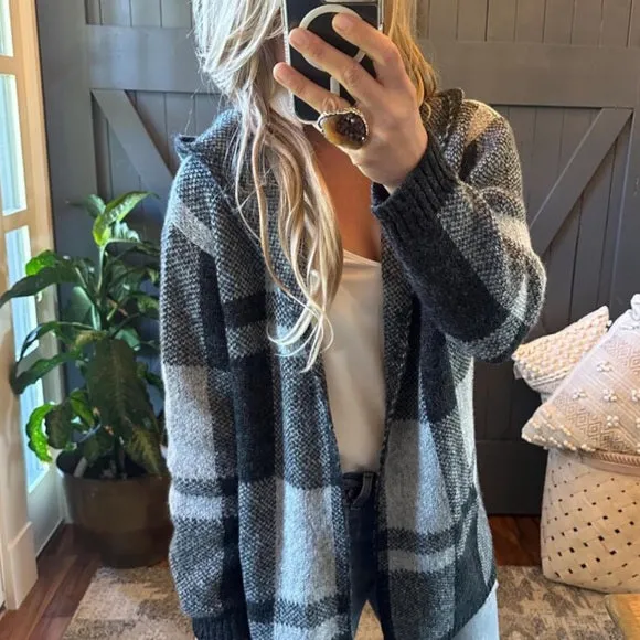 Sundance Grey Buffalo Plaid Hooded Cardigan Sweater