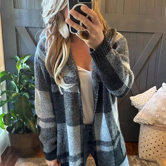 Sundance Grey Buffalo Plaid Hooded Cardigan Sweater