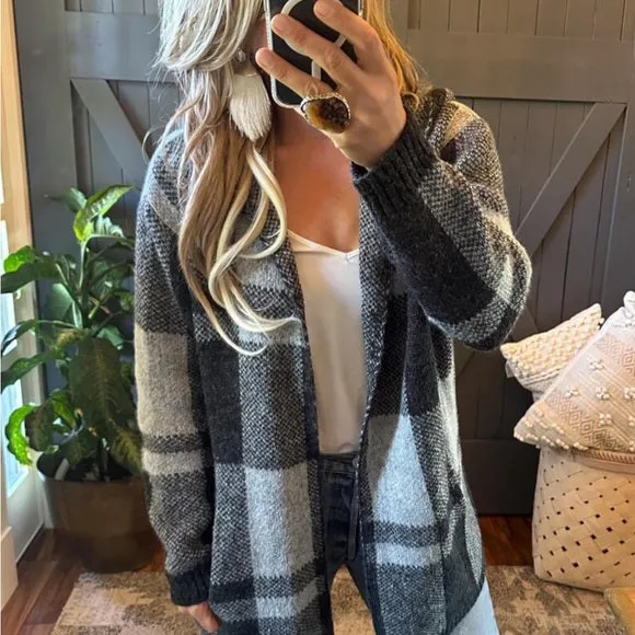 Sundance Grey Buffalo Plaid Hooded Cardigan Sweater