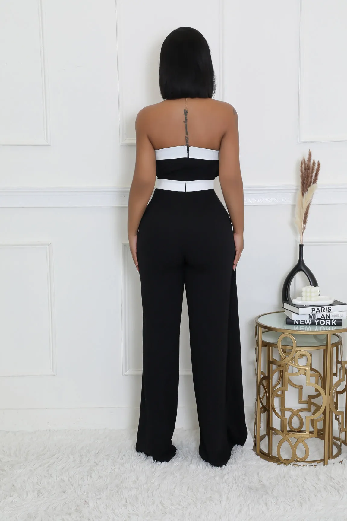 TUBE WHITE TRIM CAPE DETAIL WIDE LEG BLACK JUMPSUIT (BLACK/WHITE)