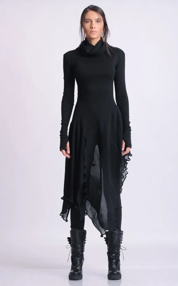 Turtleneck Black Tunic With Pleated Chiffon Layer