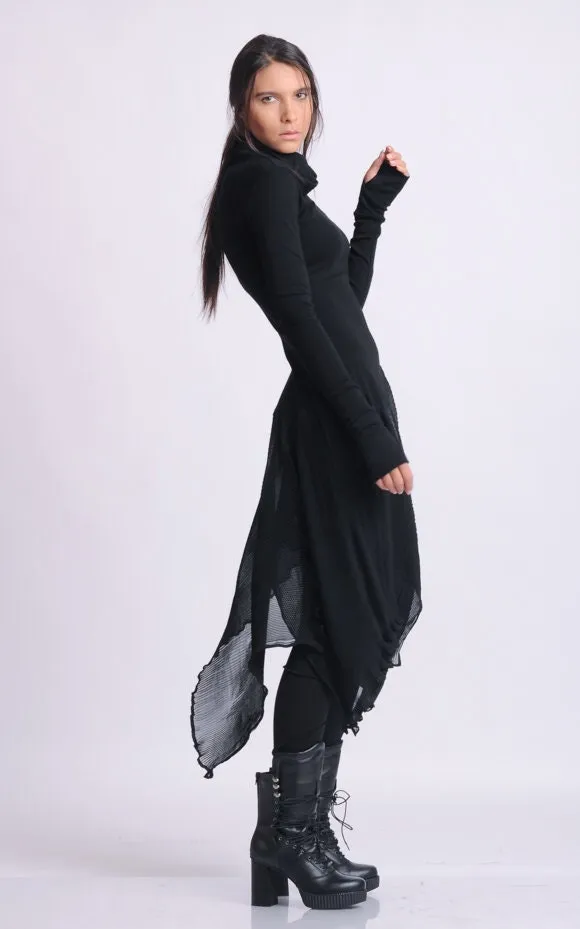 Turtleneck Black Tunic With Pleated Chiffon Layer