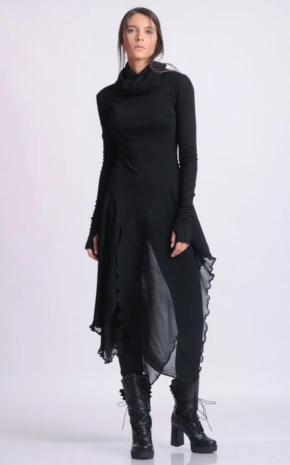 Turtleneck Black Tunic With Pleated Chiffon Layer