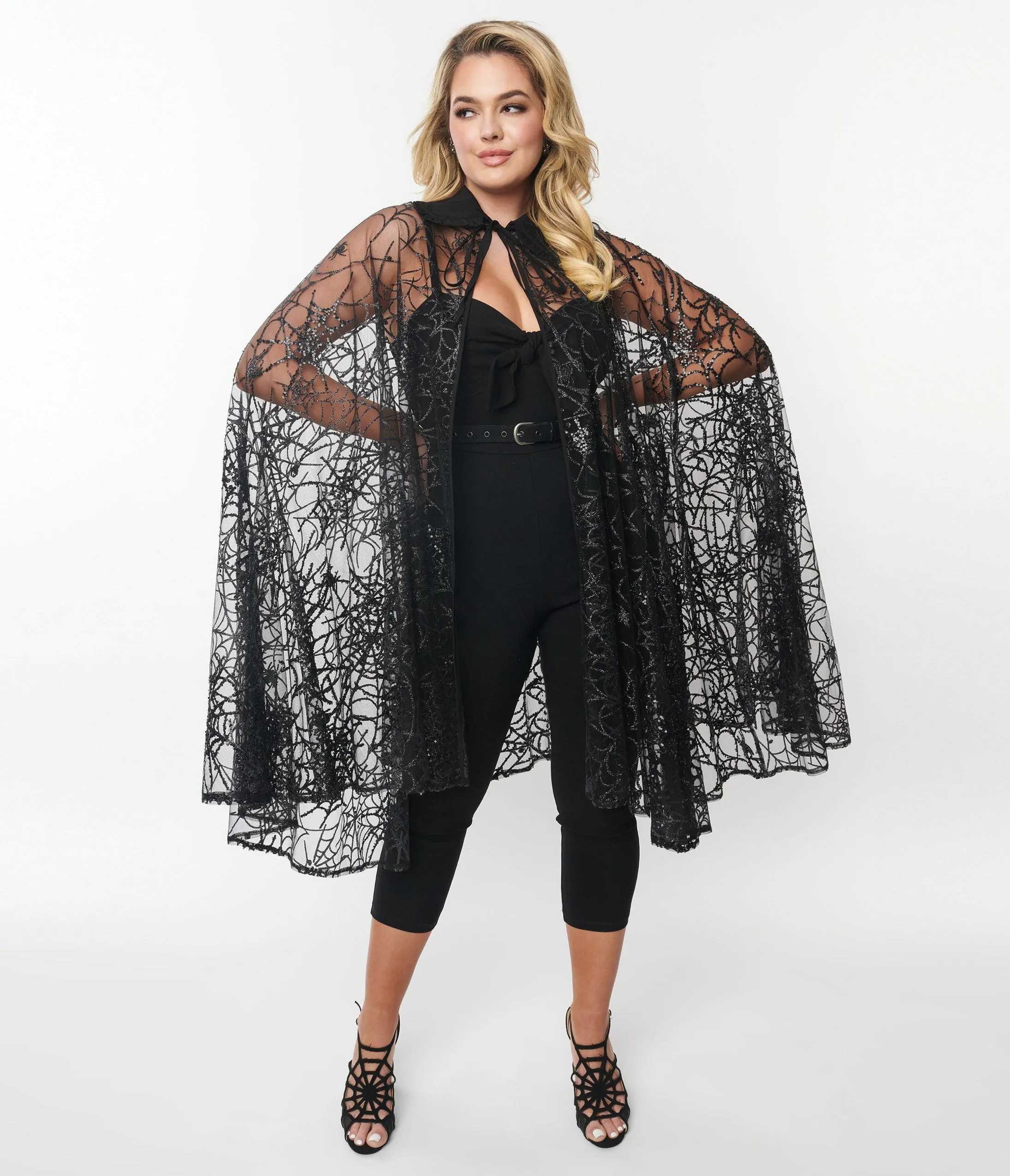 Unique Vintage Black Glitter Spiderweb Mesh Cape