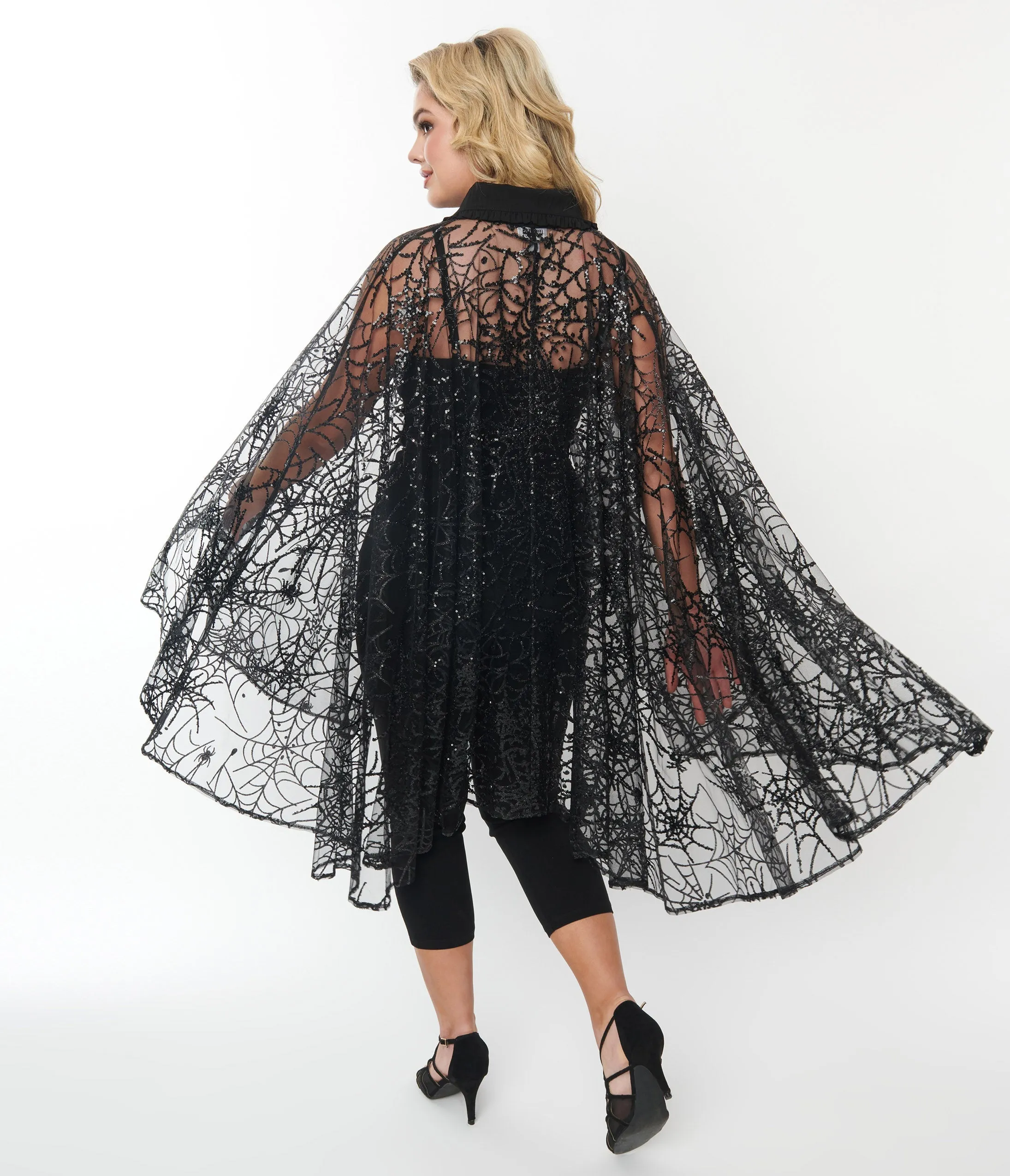 Unique Vintage Black Glitter Spiderweb Mesh Cape