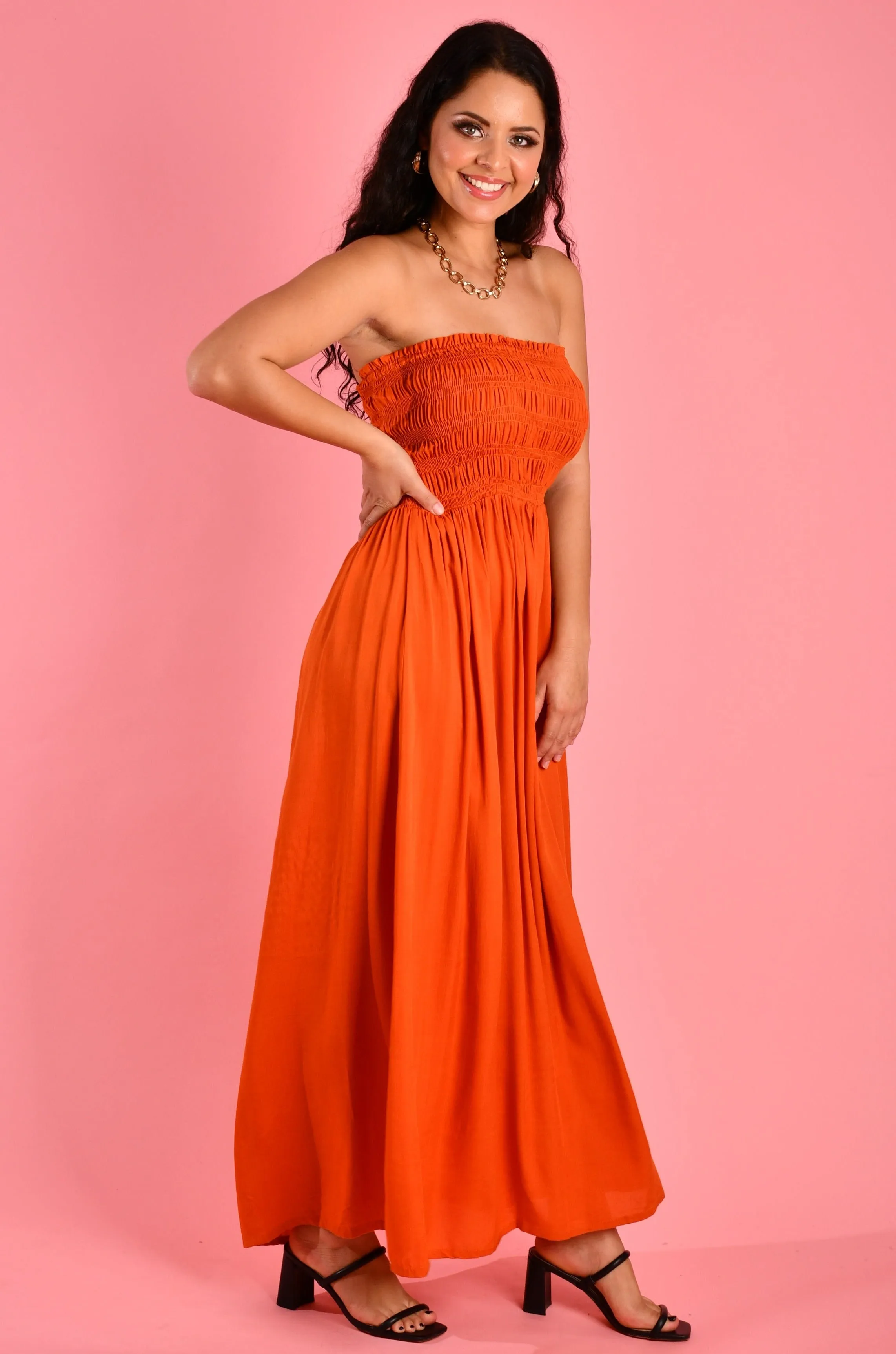 VGLD650 - LILY ROUCHED MAXI DRESS - BURNT ORANGE