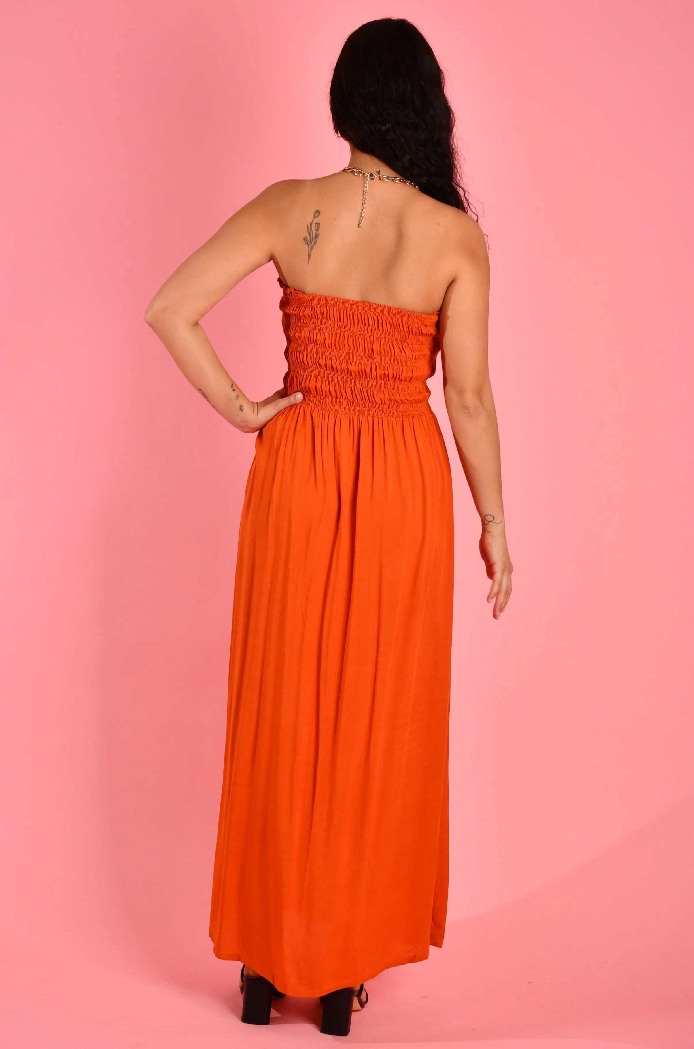 VGLD650 - LILY ROUCHED MAXI DRESS - BURNT ORANGE