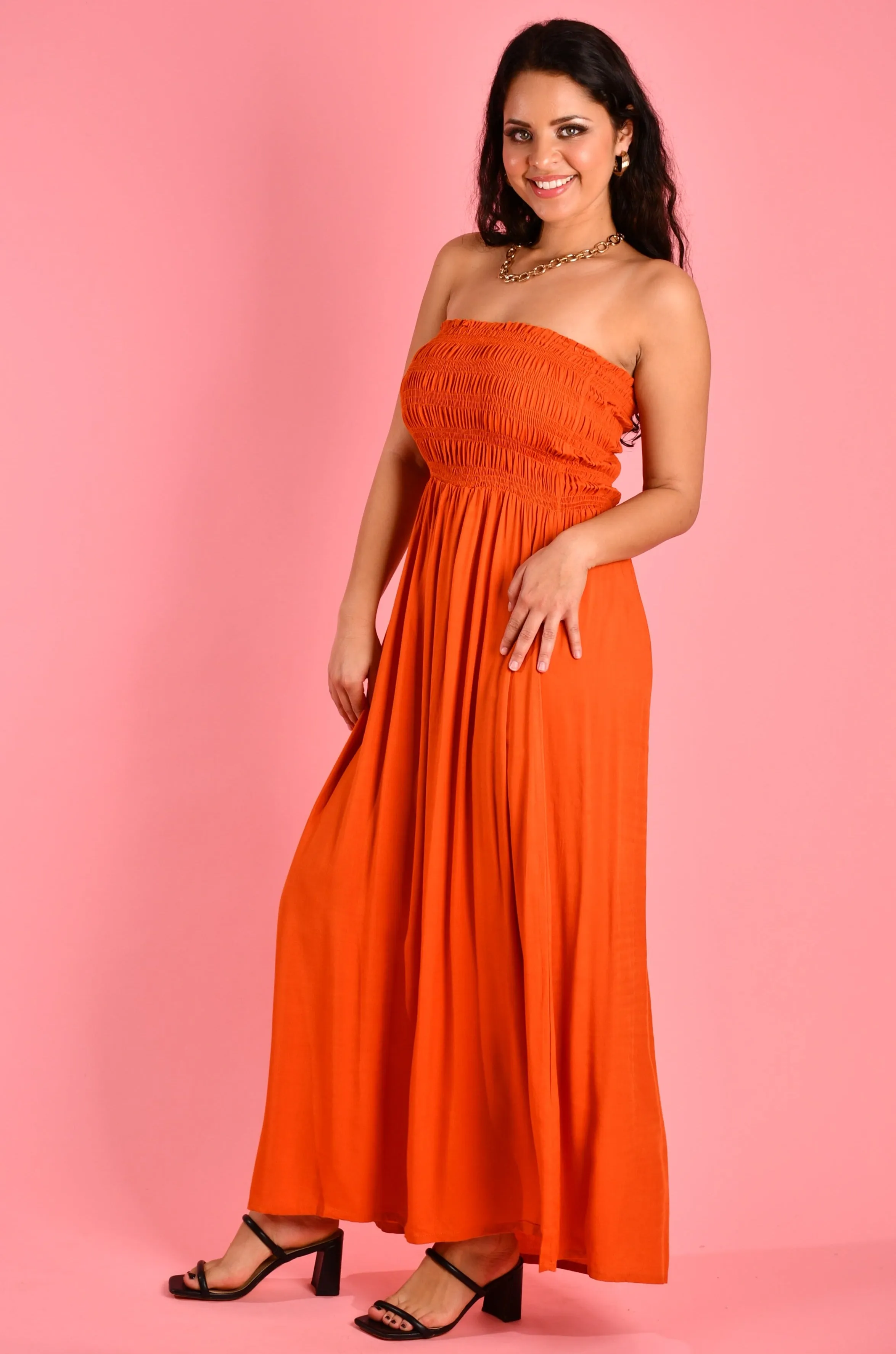 VGLD650 - LILY ROUCHED MAXI DRESS - BURNT ORANGE