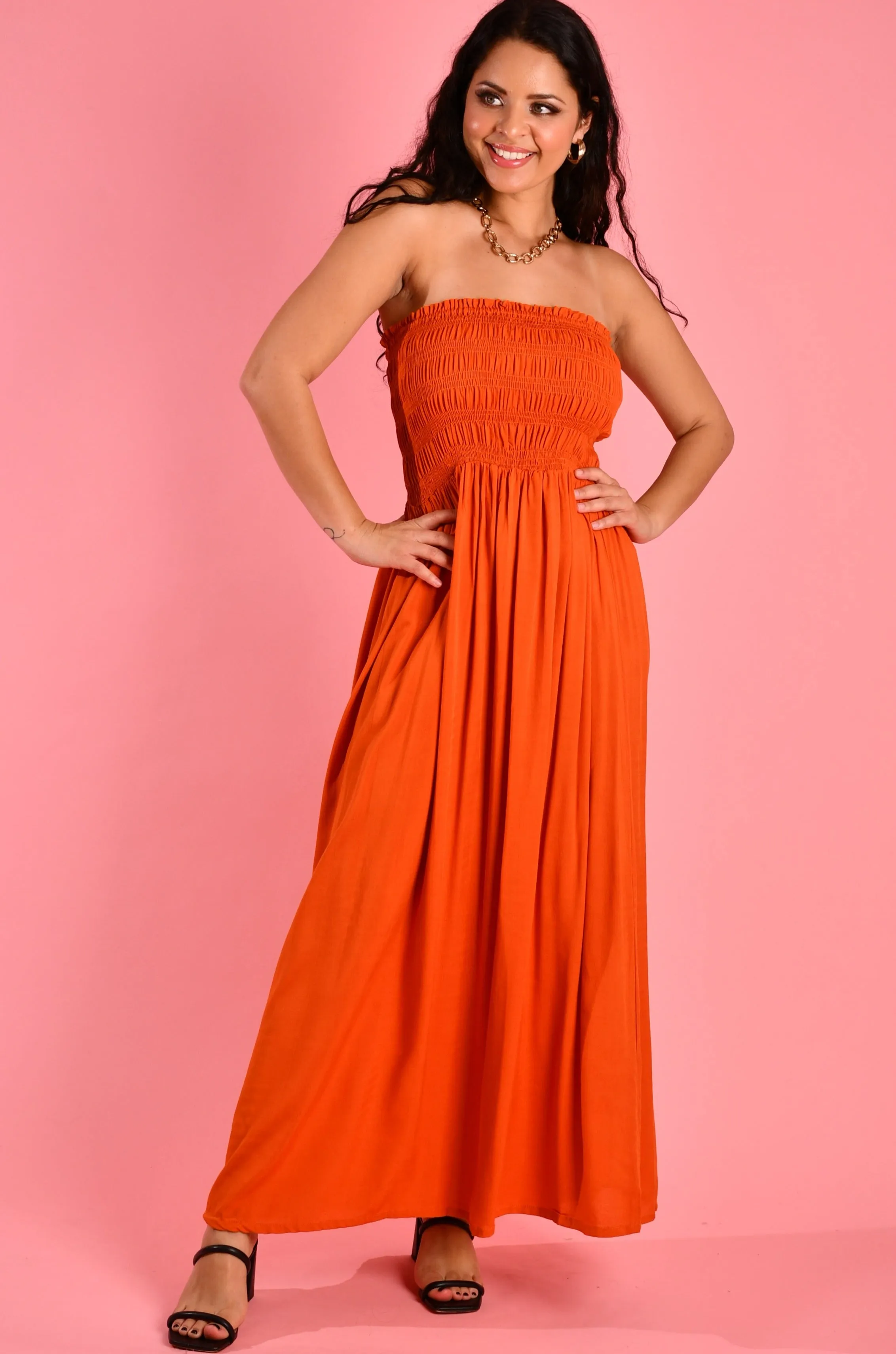 VGLD650 - LILY ROUCHED MAXI DRESS - BURNT ORANGE