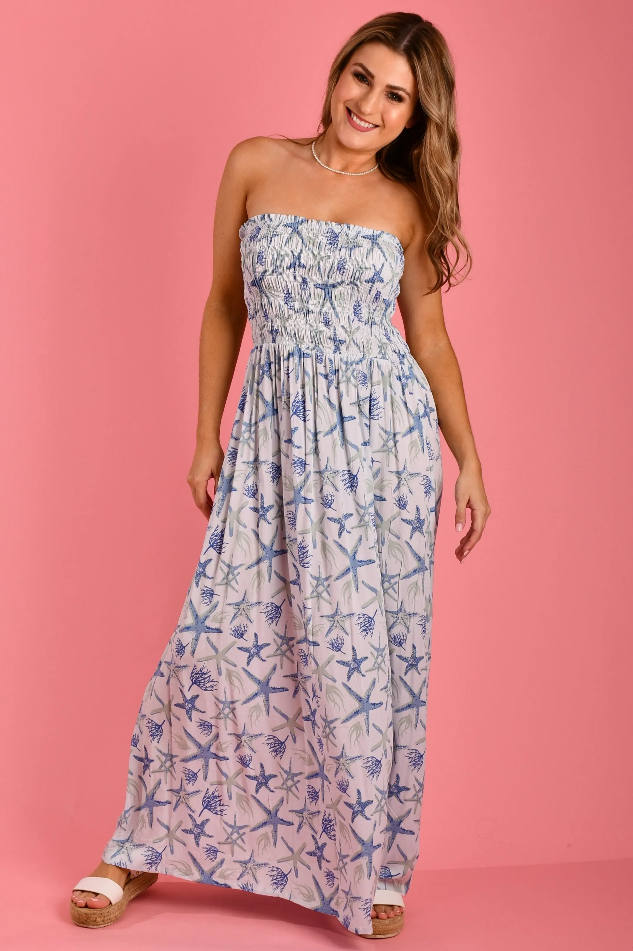 VGLD650 - LILY ROUCHED MAXI DRESS - SEA BLUE STARFISH