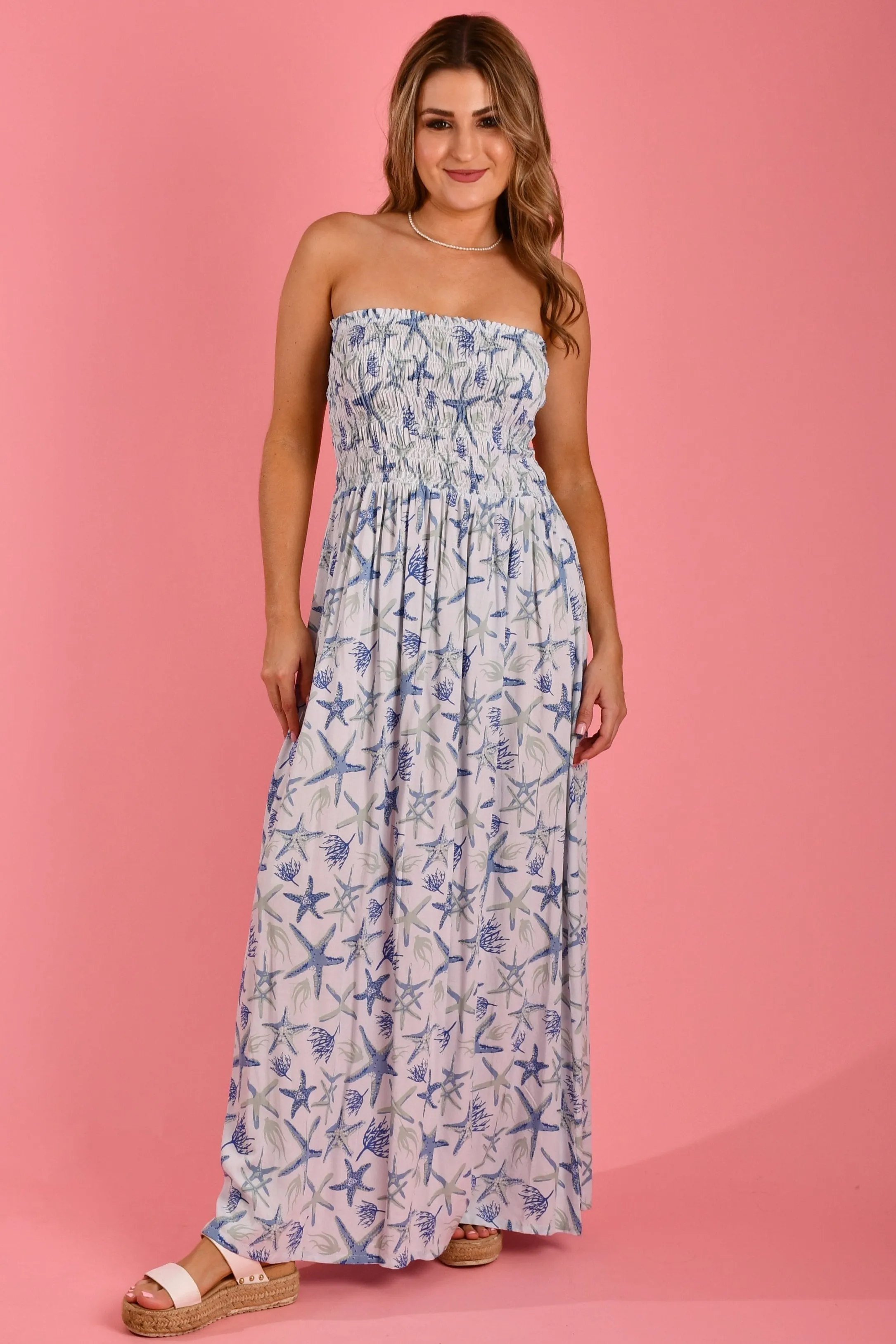 VGLD650 - LILY ROUCHED MAXI DRESS - SEA BLUE STARFISH