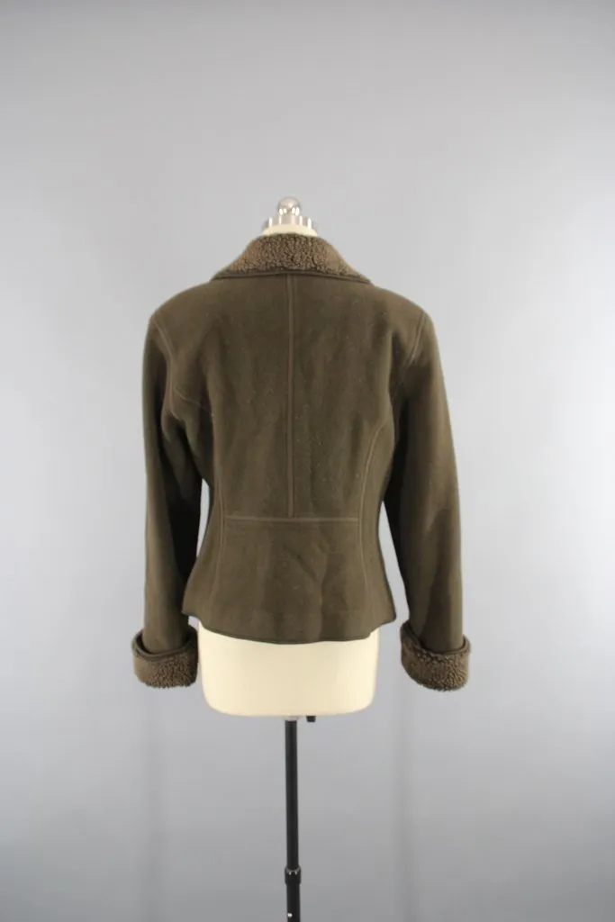 Vintage 1980s Army Green Military Style Jacket with Sherpa lining