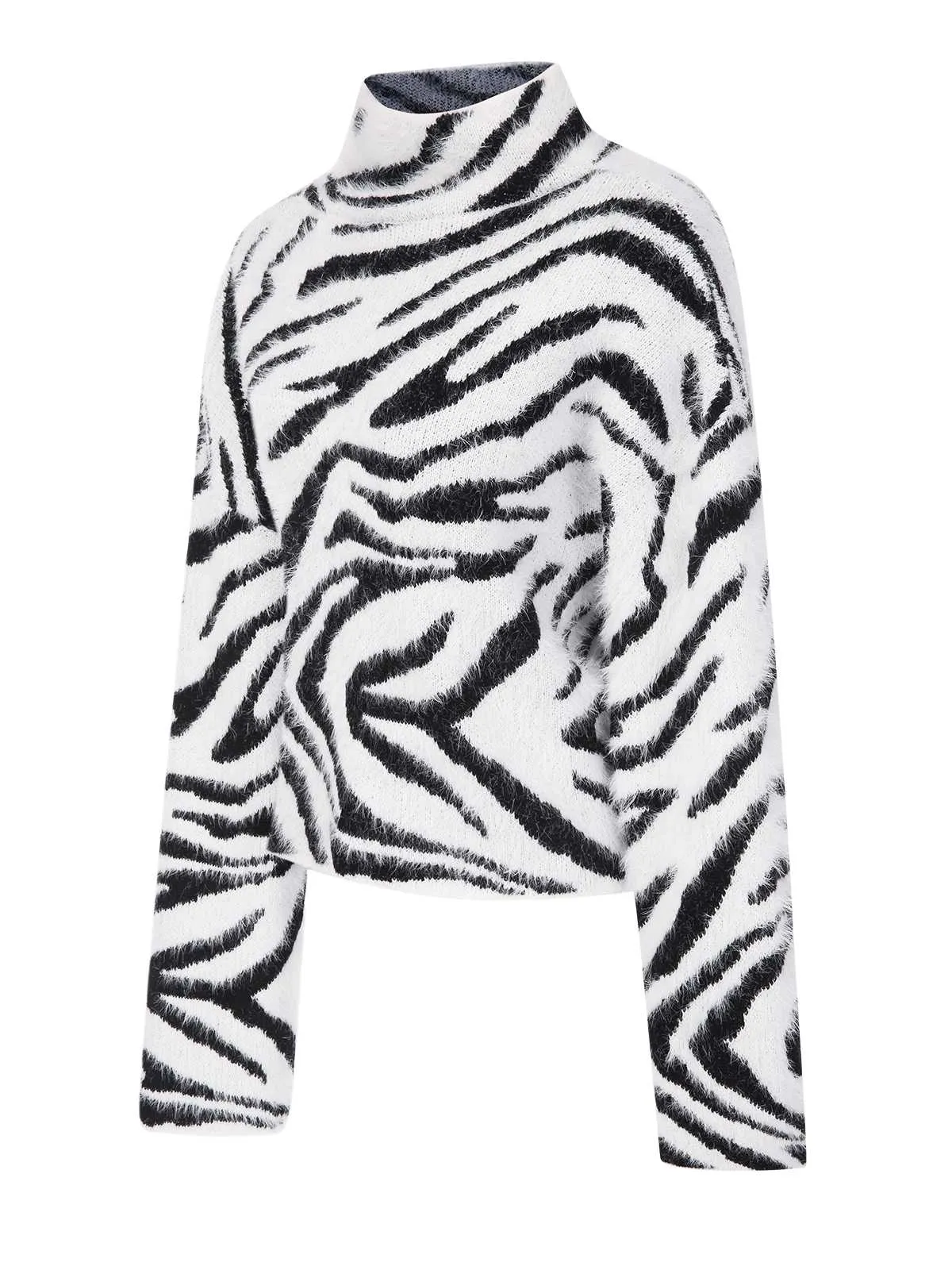 White 1970s Zebra Pattern Seahorse Hair Sweater