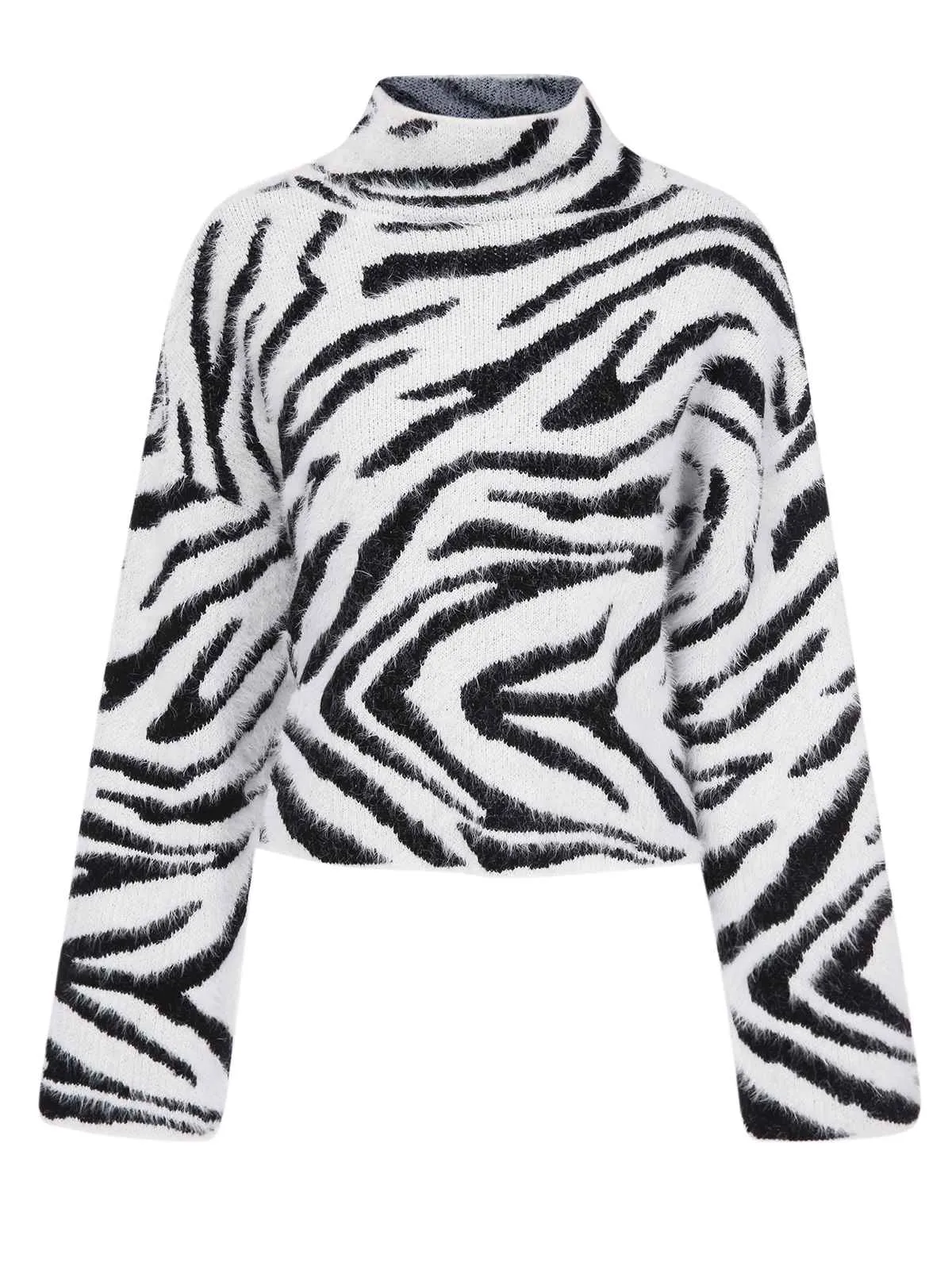 White 1970s Zebra Pattern Seahorse Hair Sweater