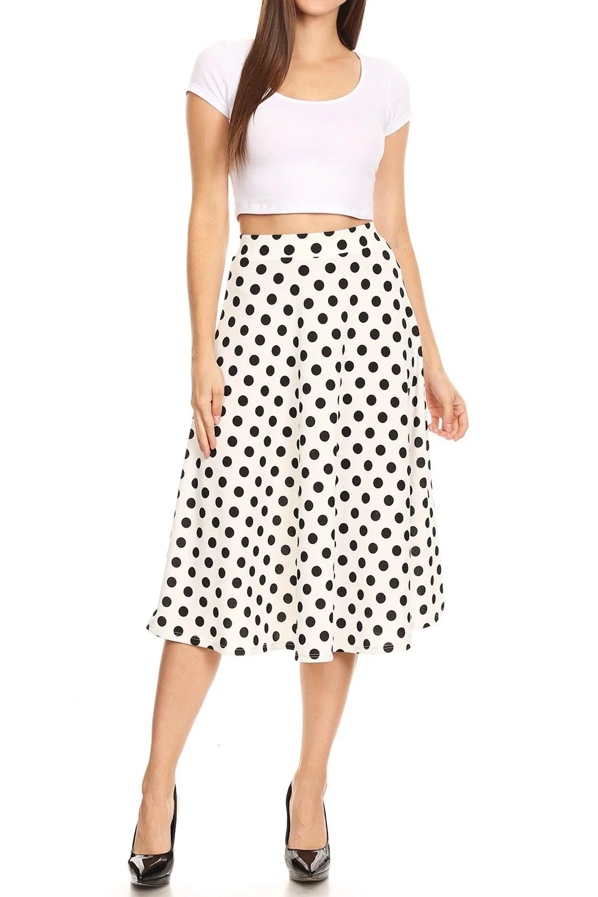 Women's A-Line Casual Flared Elastic Band Polka Dot Midi Skirt