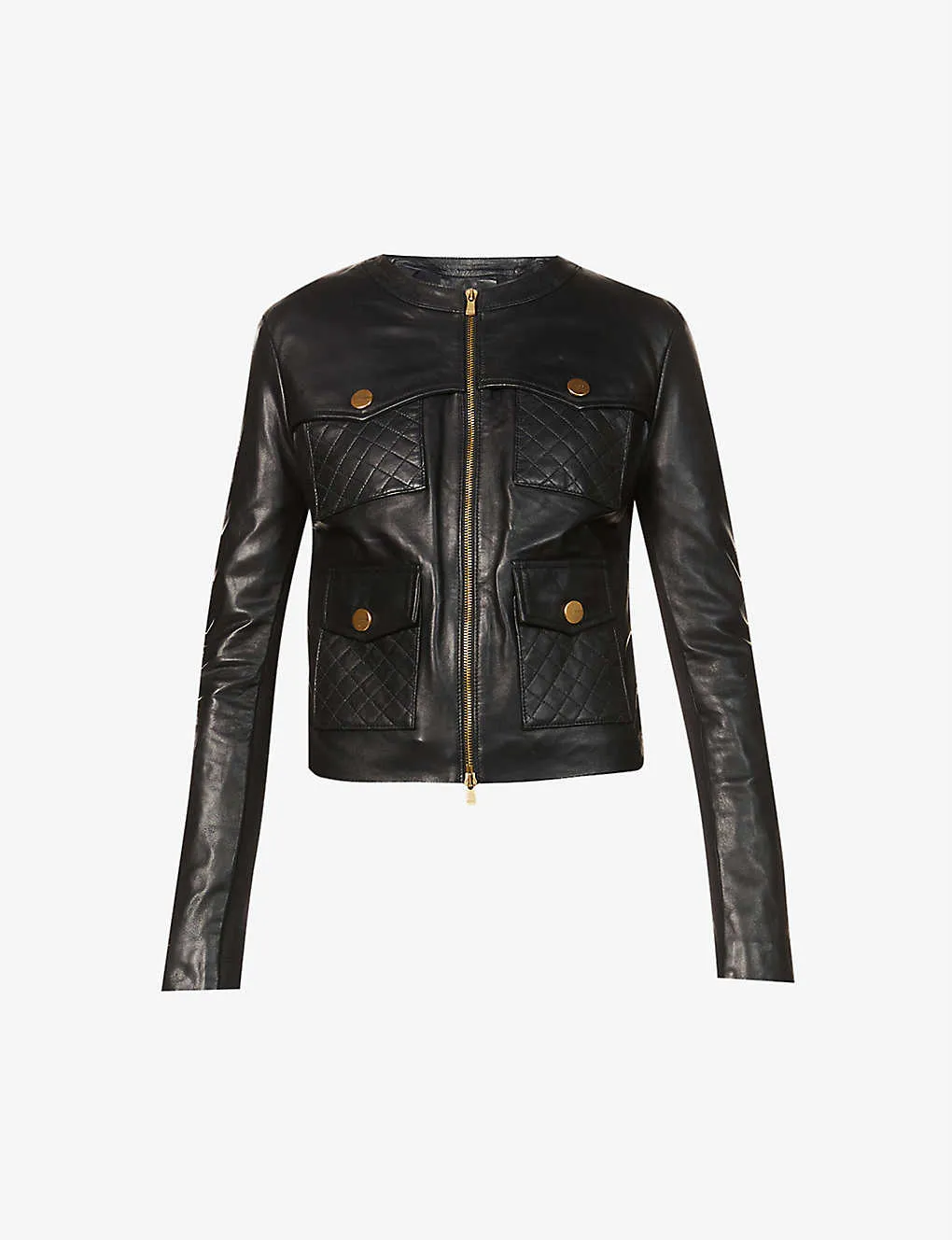 Women's Black Leather Jacket Golden Stud Buttons