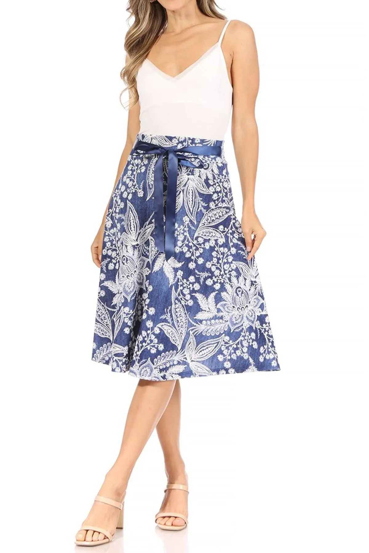 Women's Casual Floral A-line Printed High Waist Bow Tie Belted Knee Length Midi Skirt